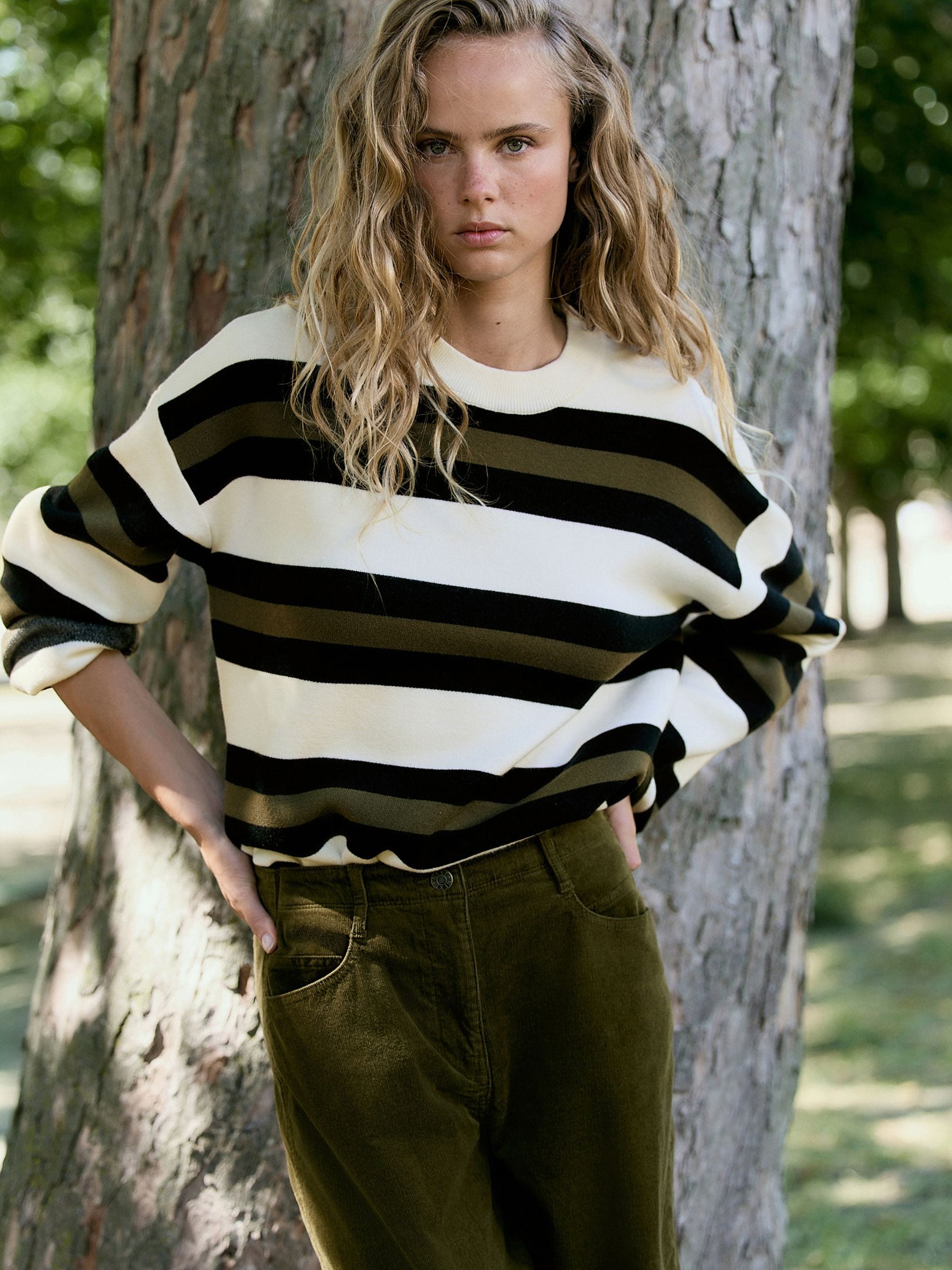 Striped Knit Look Crew Neck Jumper - Ecru Cream & Sage - Regular - Location Worn