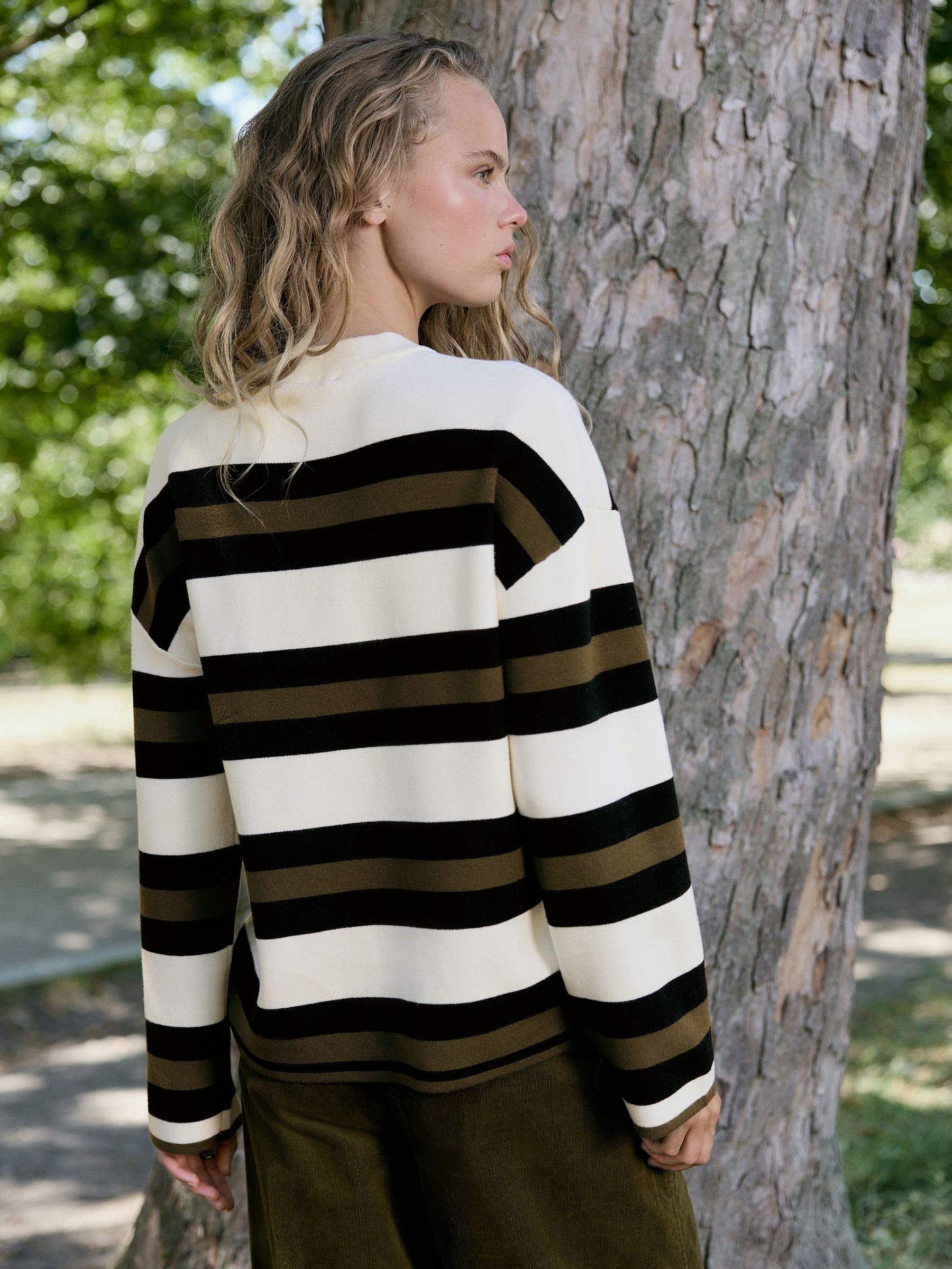 Striped Knit Look Crew Neck Jumper - Ecru Cream & Sage - Regular - Location Worn