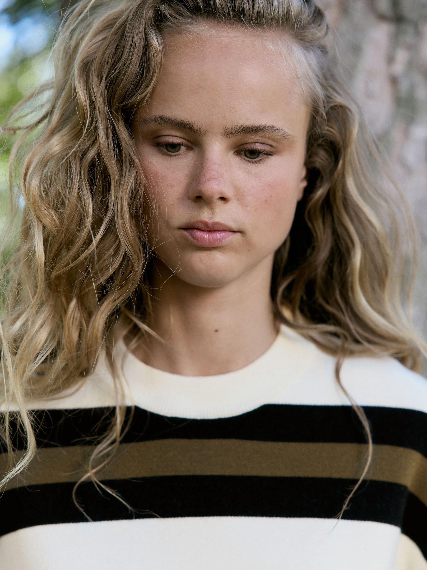 Striped Knit Look Crew Neck Jumper - Ecru Cream & Sage - Regular - Location Worn