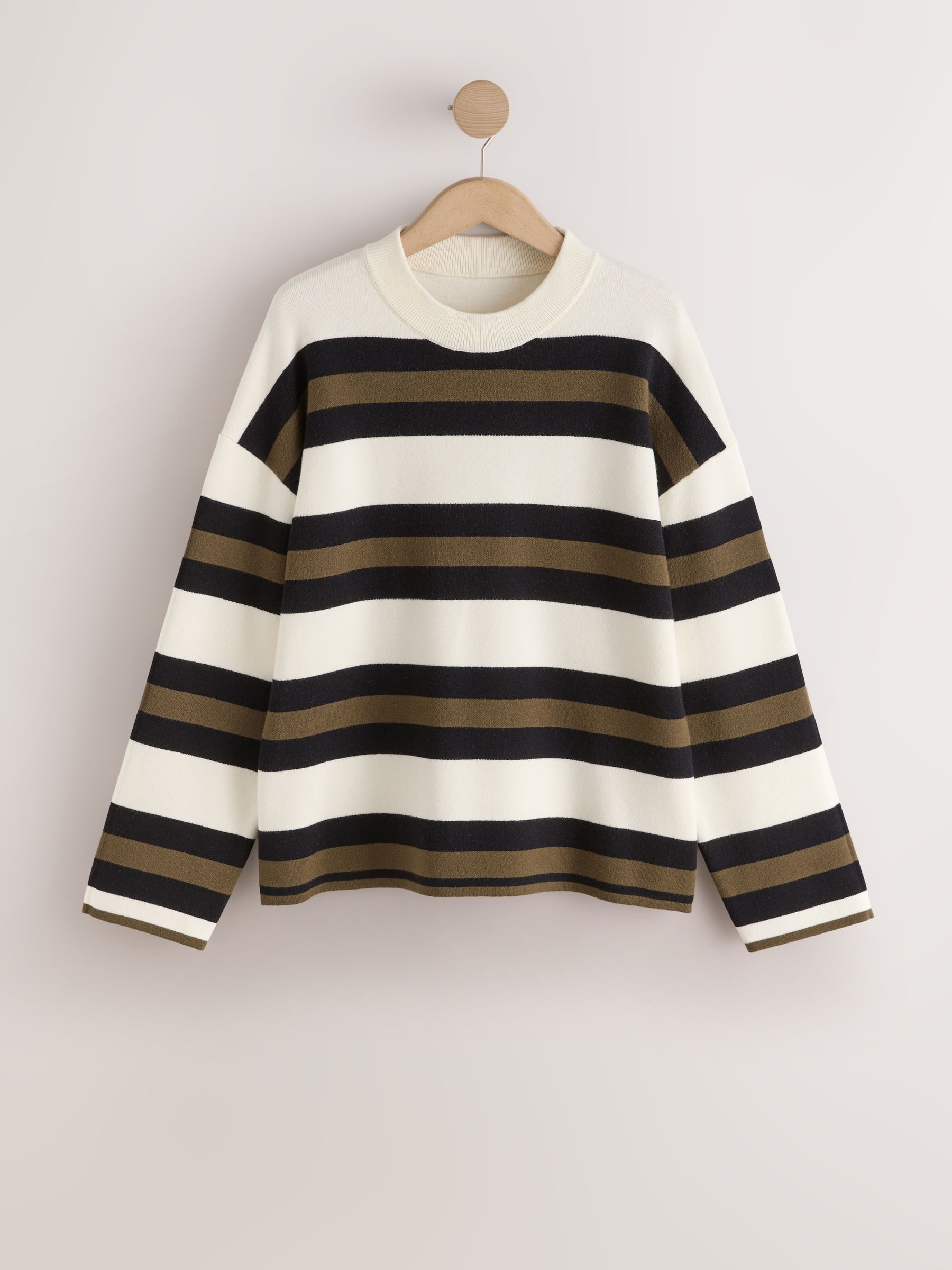 Striped Knit Look Crew Neck Jumper - Ecru Cream & Sage - Regular - SIP Still Life