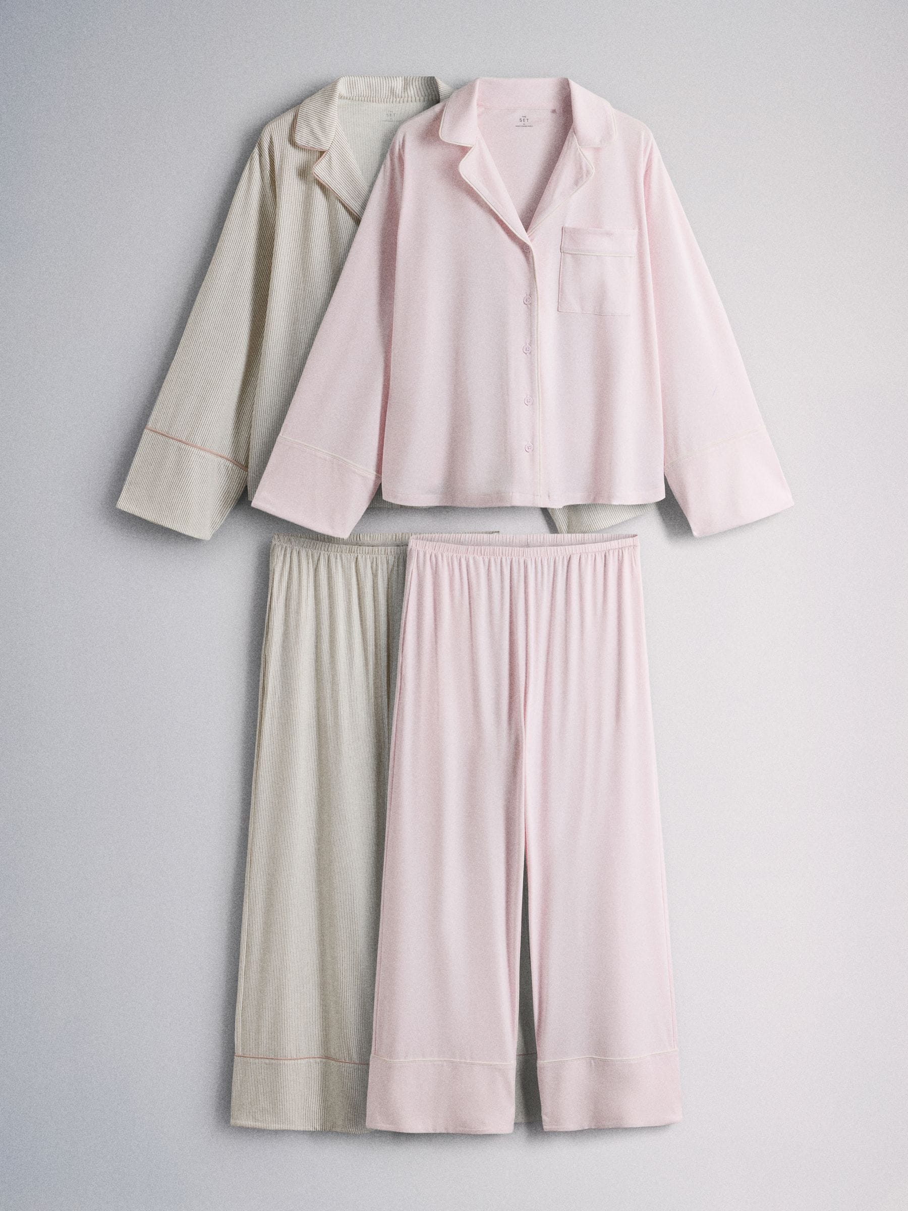 The Set 2 Pack Viscose Blend Button Through Long Pyjamas - Pink / Stripe - Regular - SIP Still Life