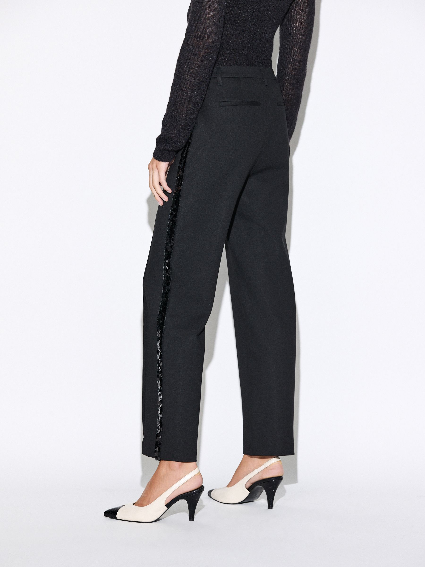 Sequin Side Stripe Slim Leg Trousers - Black - Regular - Location Worn