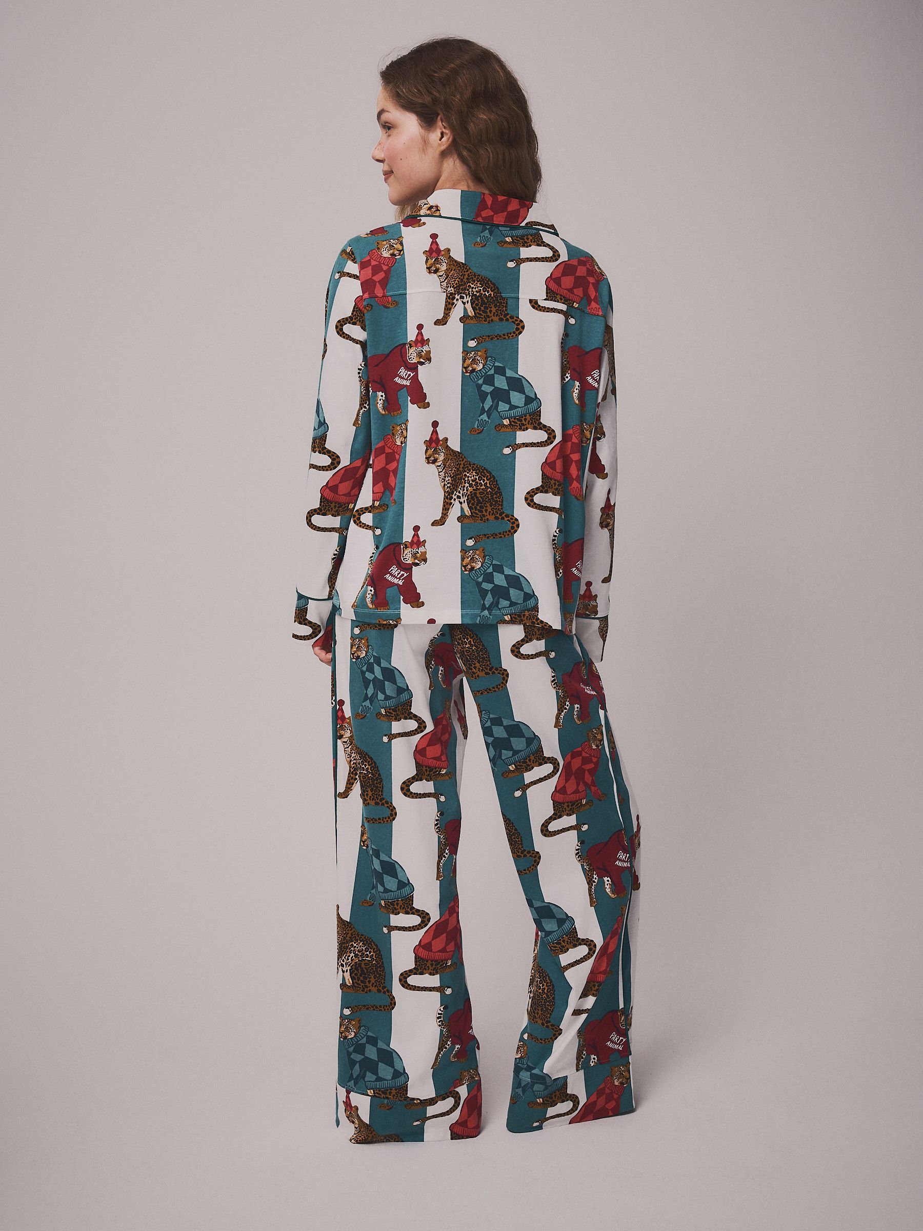 Long Sleeve Button Through Pyjama Set - Leopard Stripe - Regular - Location Worn