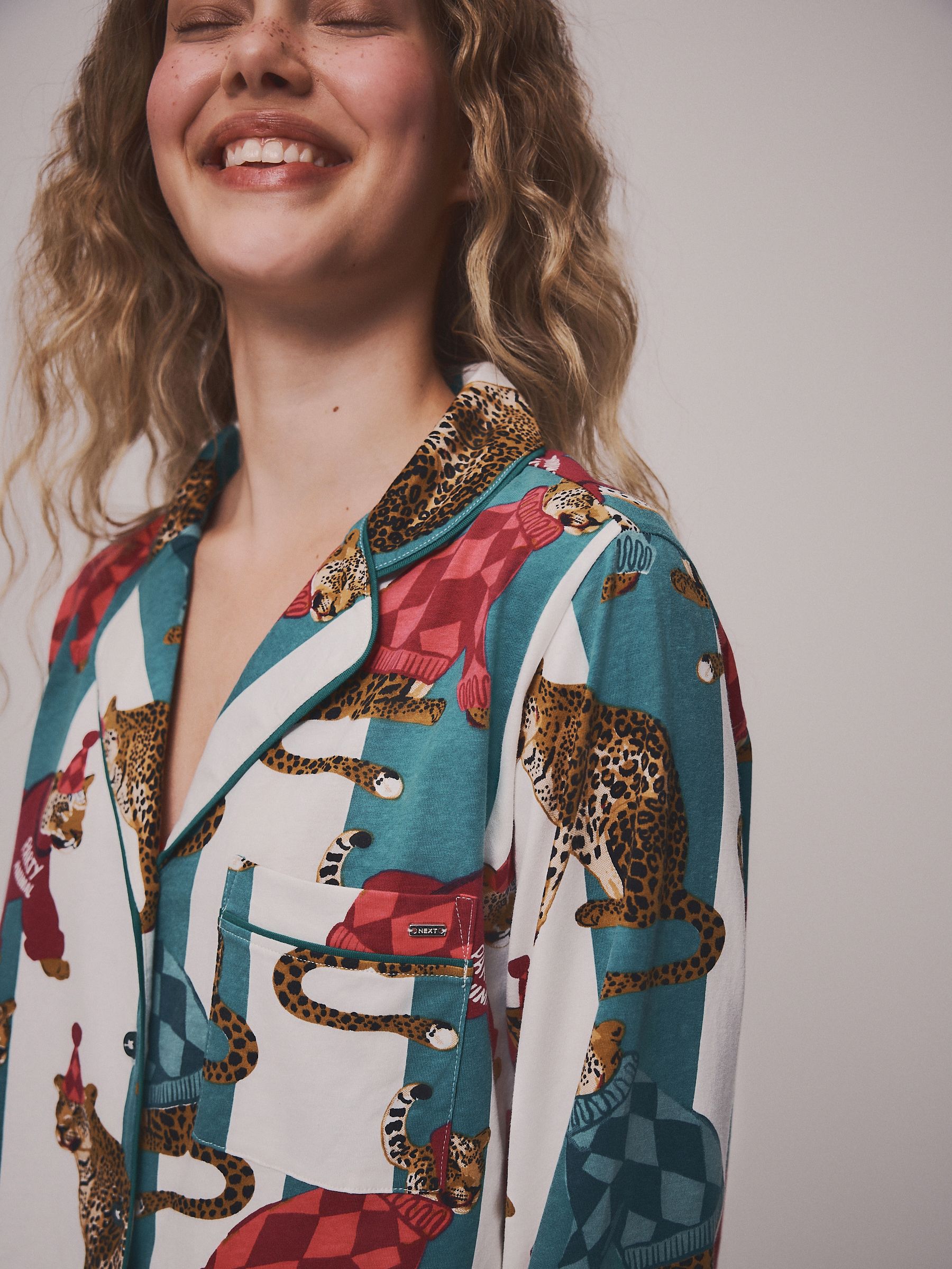 Long Sleeve Button Through Pyjama Set - Leopard Stripe - Regular - Location Worn