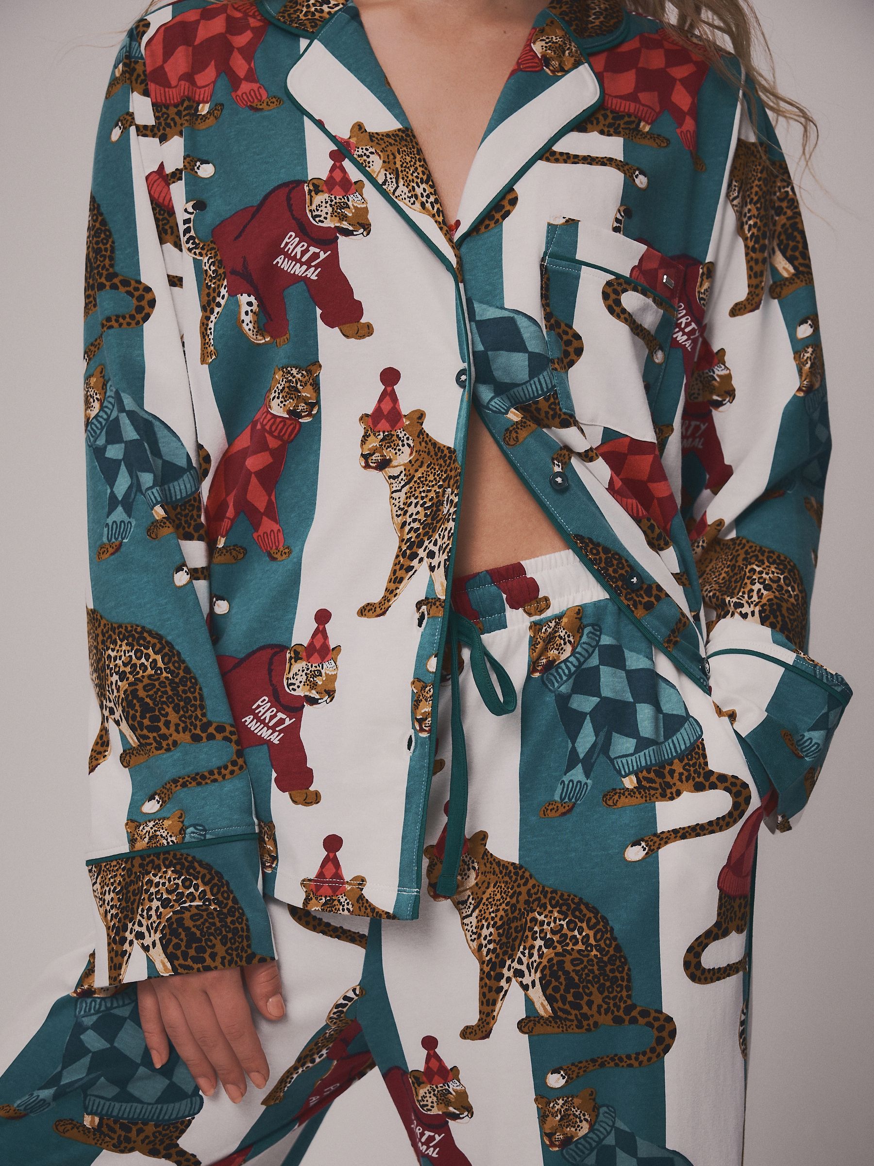 Long Sleeve Button Through Pyjama Set - Leopard Stripe - Regular - Location Worn