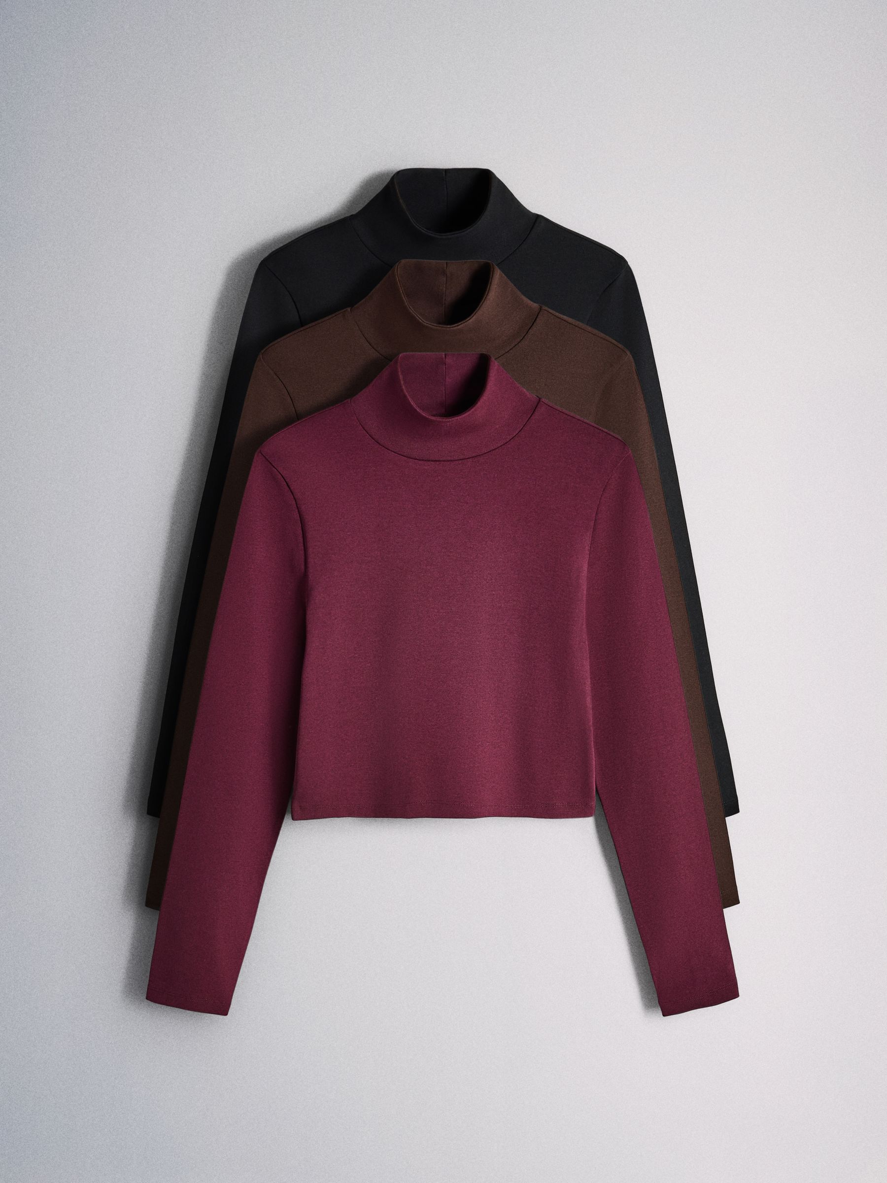 The Set 3 Pack High Neck Cropped Long Sleeve Tops - Black/Brown/Burgundy - Regular - SIP Still Life