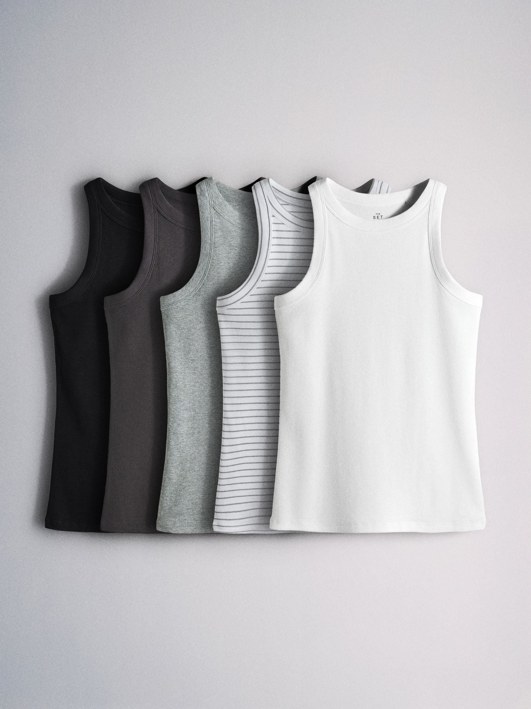 The Set 5 Pack Racer Ribbed Vests - Grey/Black/Charcoal/White - Regular - SIP Still Life