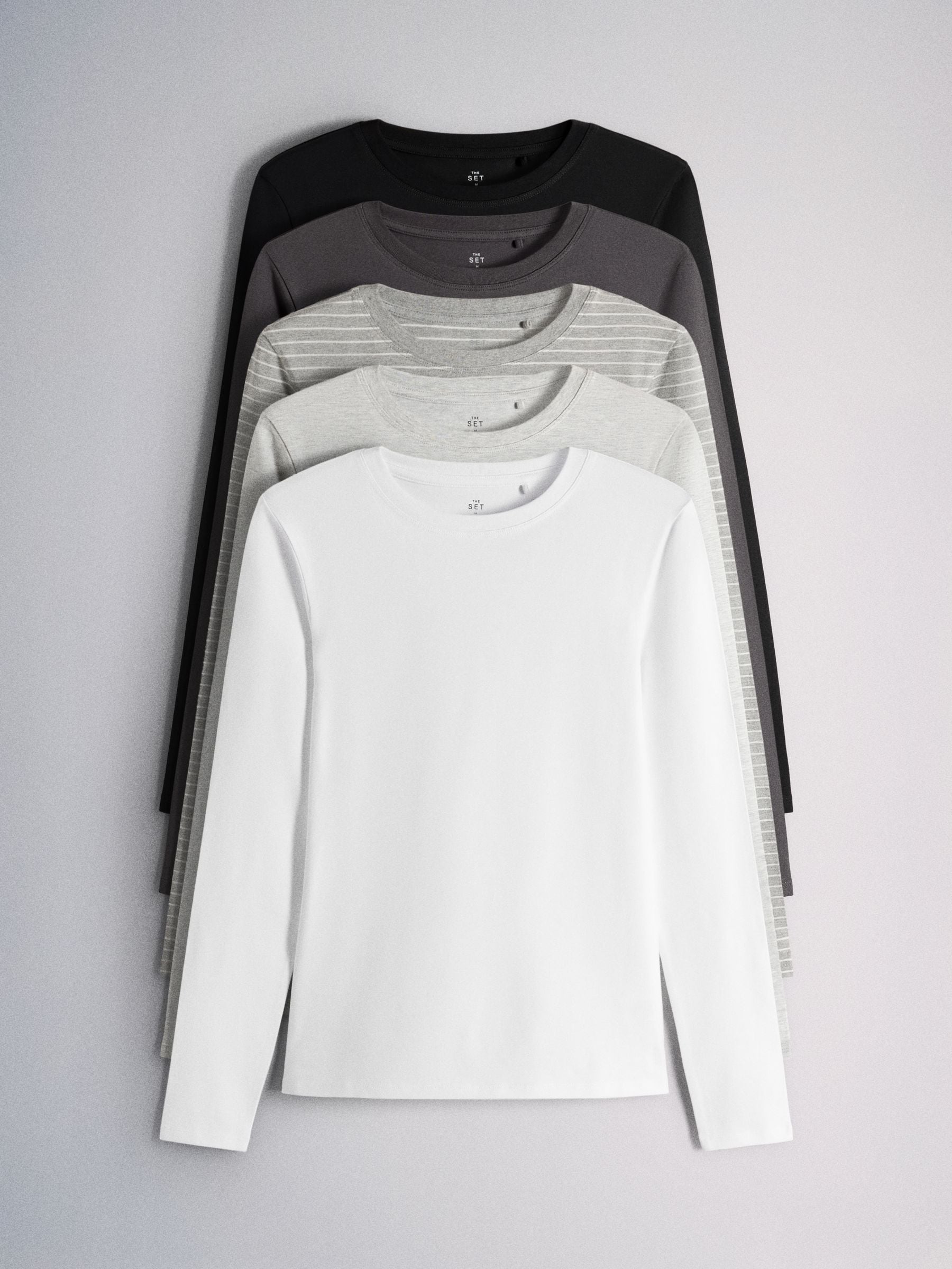 The Set 5 Pack Skinny Fit Crew Neck Long Sleeve T-Shirts - Grey - Regular - SIP Still Life