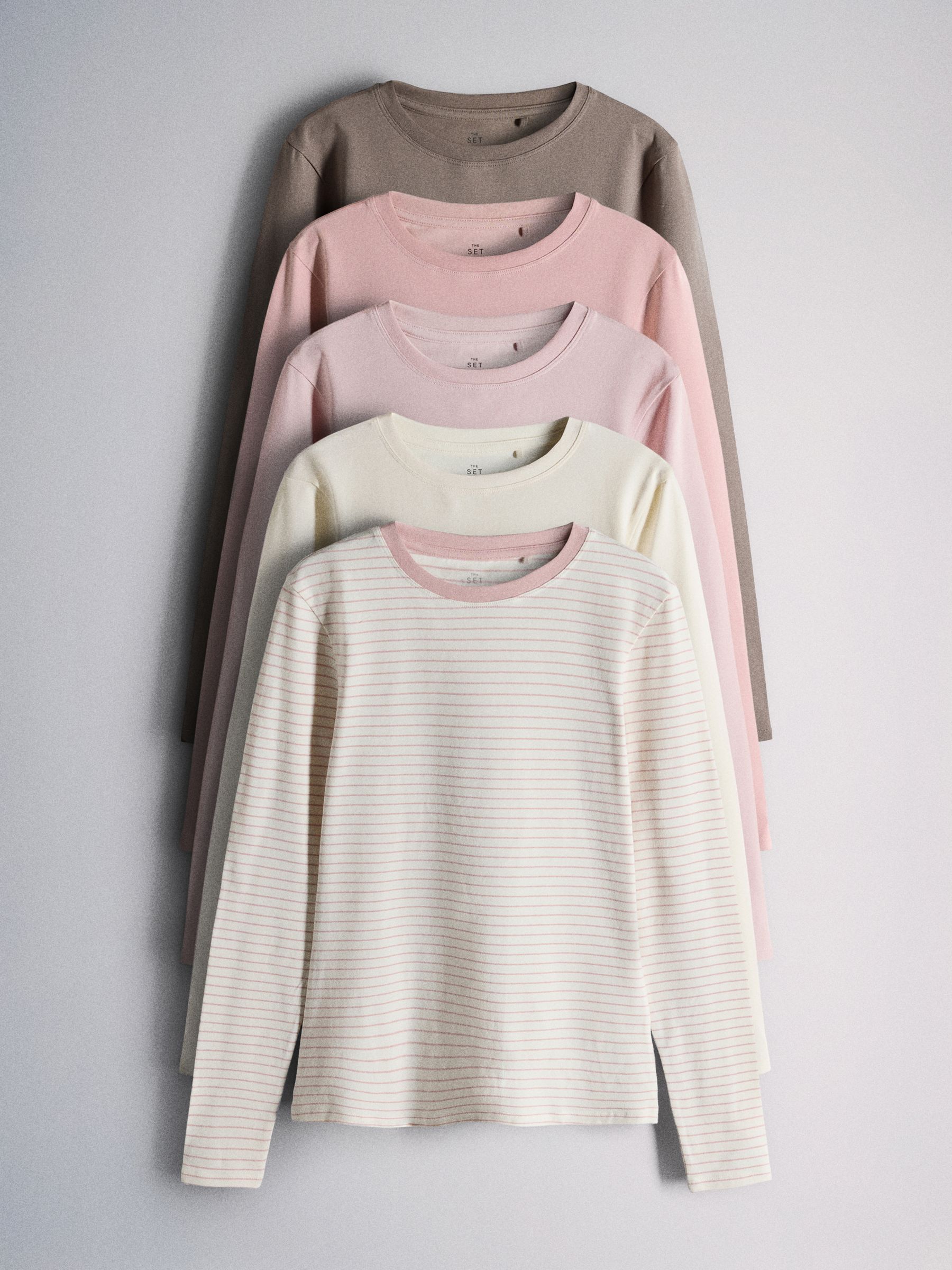The Set 5 Pack Skinny Fit Crew Neck Long Sleeve T-Shirts - Pink/Cream/Stripe/Taupe - Regular - SIP Still Life