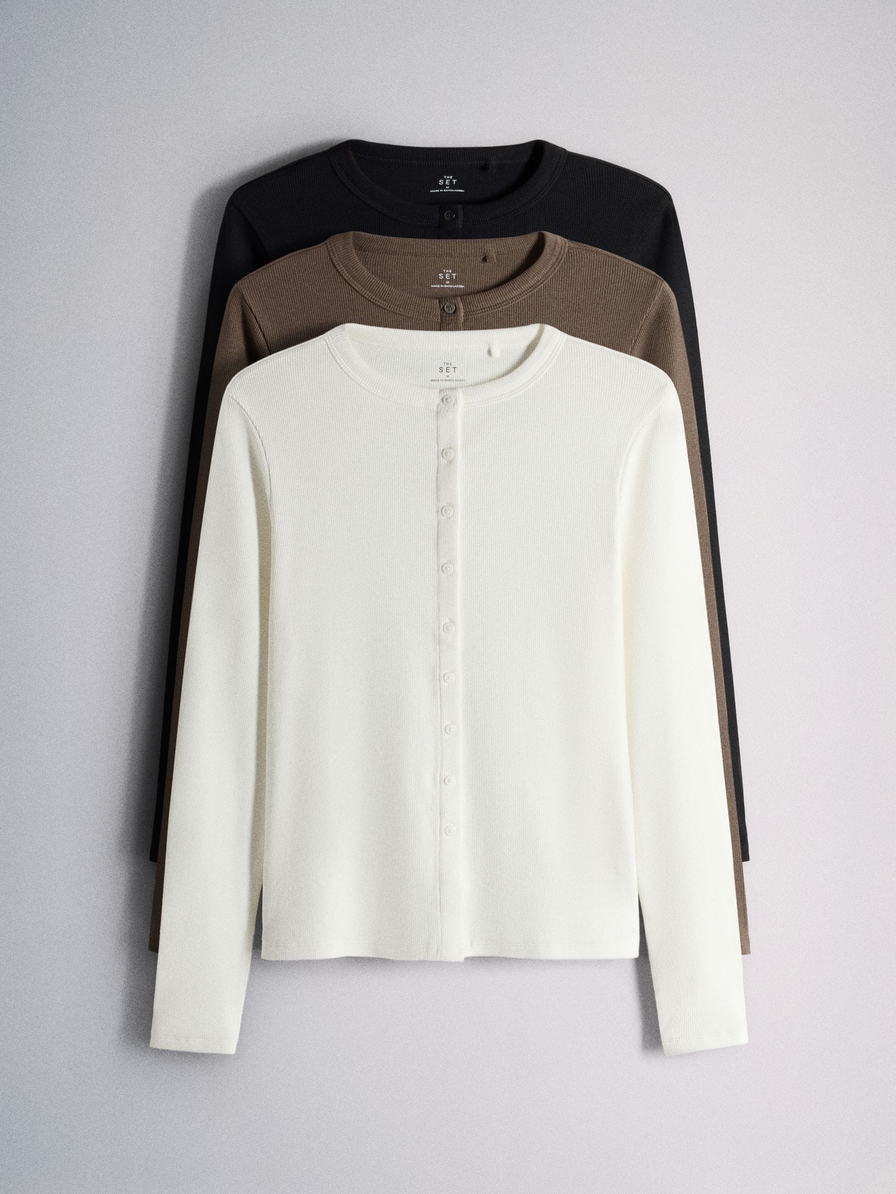 The Set 3 Pack Long Sleeve Button Through Rib T-Shirt - Brown/Black/Ecru - Regular - SIP Still Life