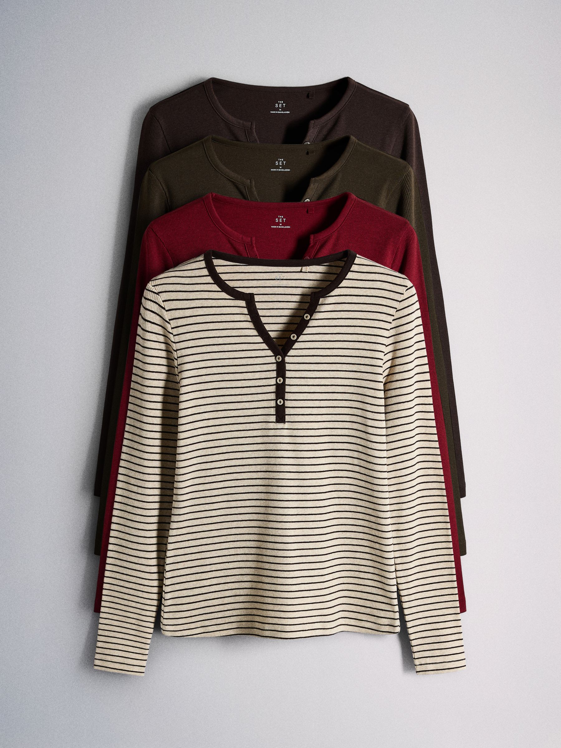 The Set 4 Pack Long Sleeve Button Henley T-Shirts - Red/Green - Regular - SIP Still Life