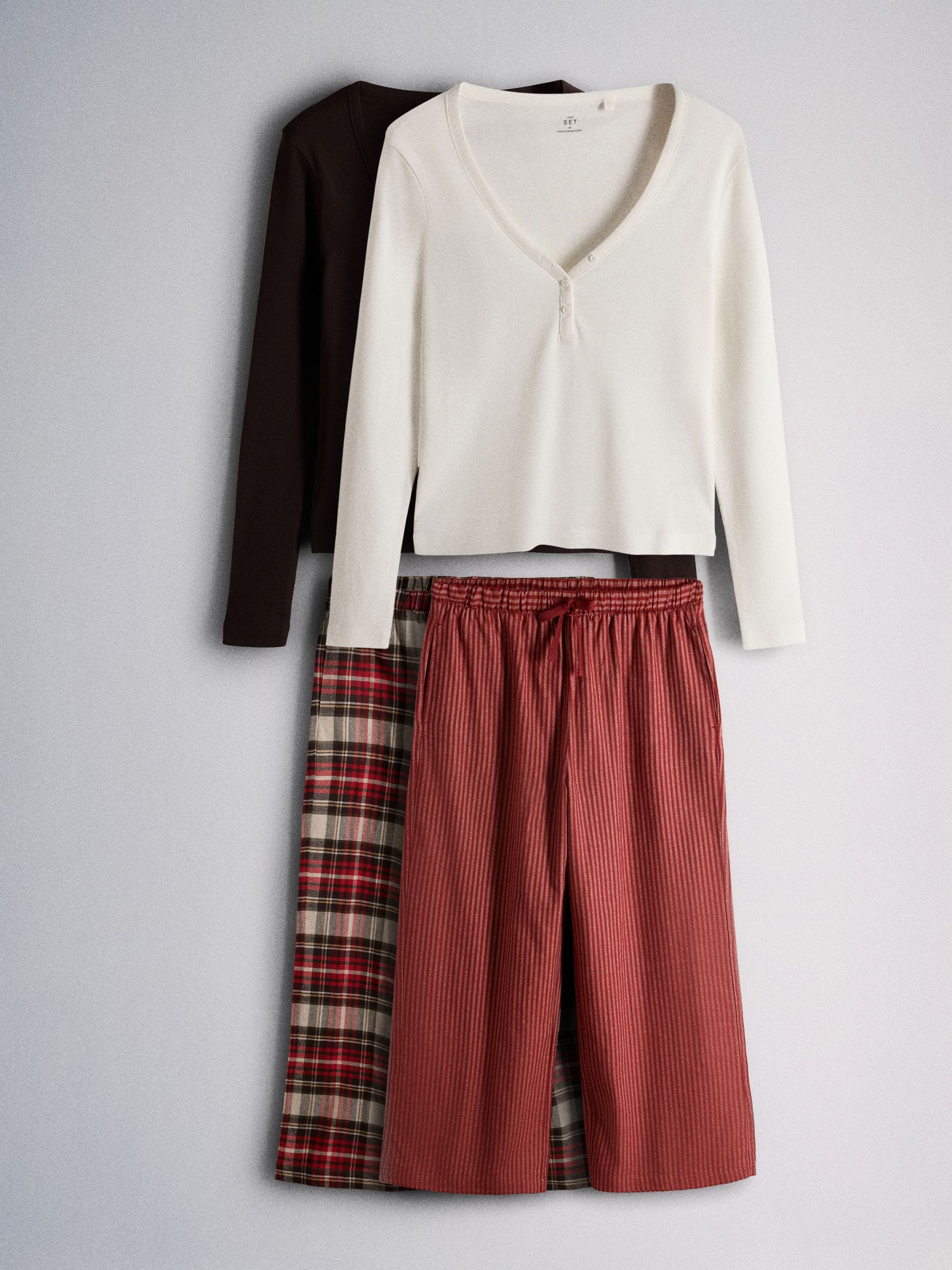 The Set 2 Pack Henley and Flannel Pyjamas Set - Chocolate Brown Check/Cream Red Stripe - Regular - SIP Still Life