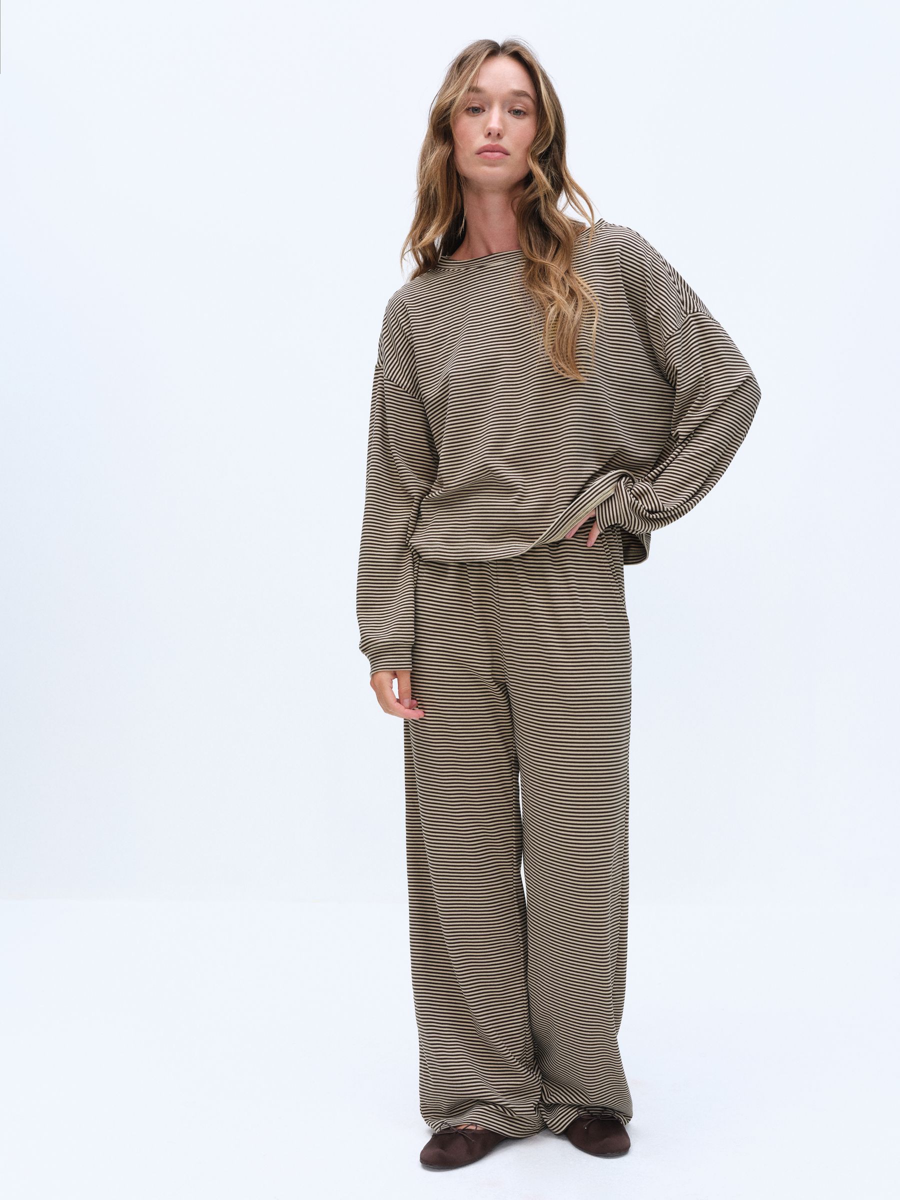 The Set Super Soft Slouchy Crew Neck and Straight Leg Lounge Co-Ord Set - Brown/Cream Stripe - Regular - SIP Still Life