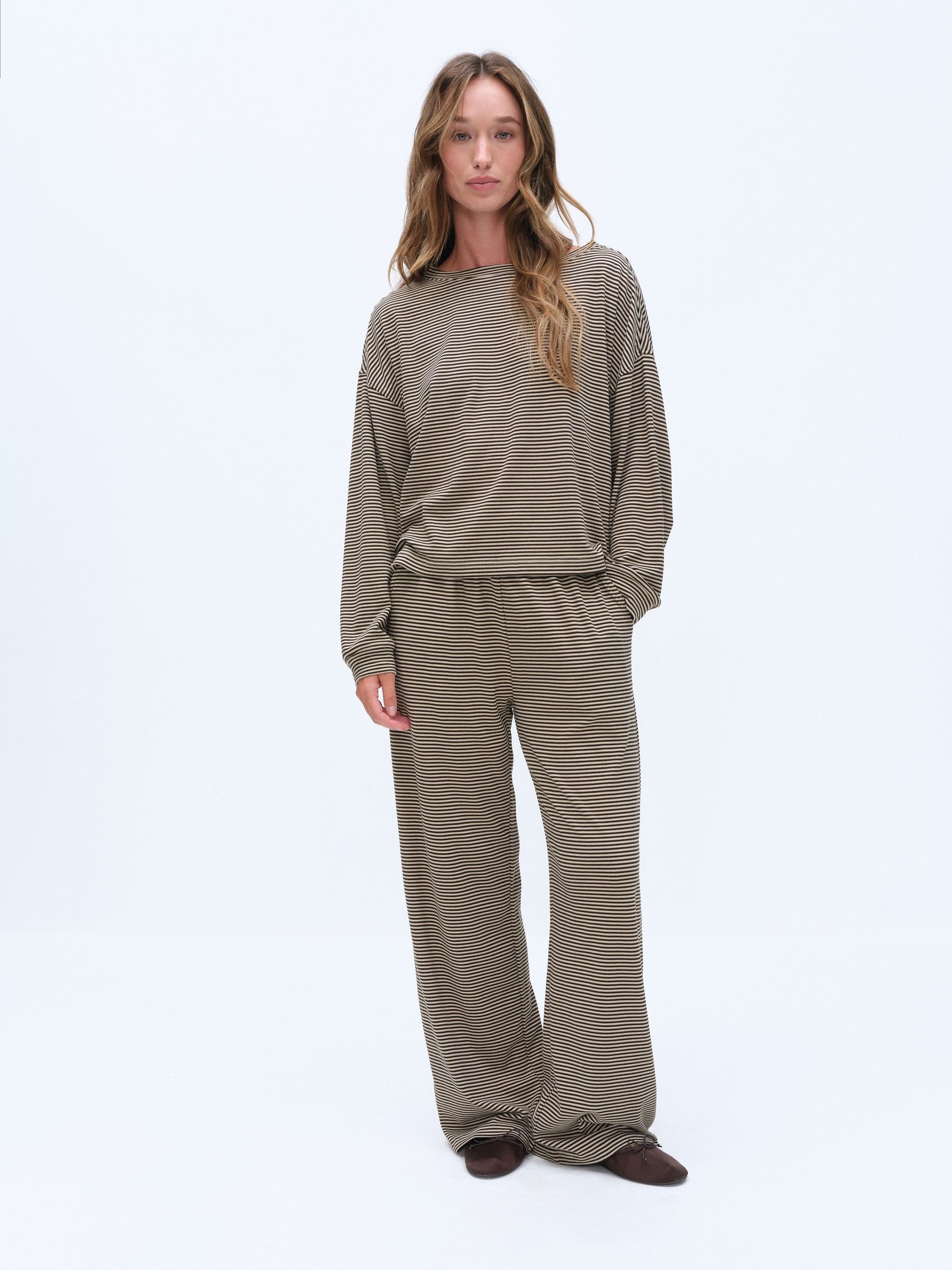 The Set Super Soft Slouchy Crew Neck and Straight Leg Lounge Co-Ord Set - Brown/Cream Stripe - Regular - SIP Worn