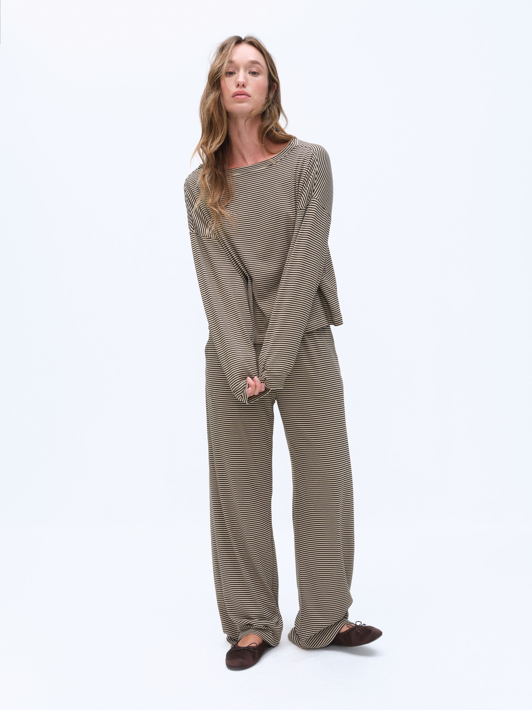 The Set Super Soft Slouchy Crew Neck and Straight Leg Lounge Co-Ord Set - Brown/Cream Stripe - Regular - SIP Worn