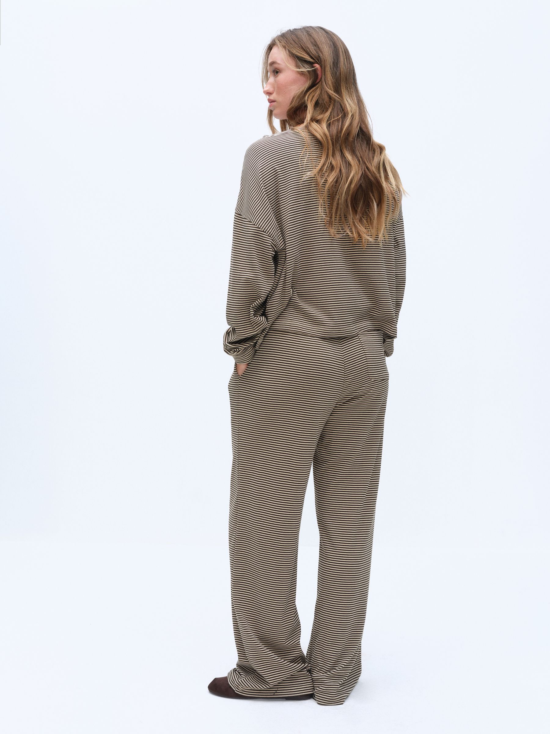 The Set Super Soft Slouchy Crew Neck and Straight Leg Lounge Co-Ord Set - Brown/Cream Stripe - Regular - SIP Worn