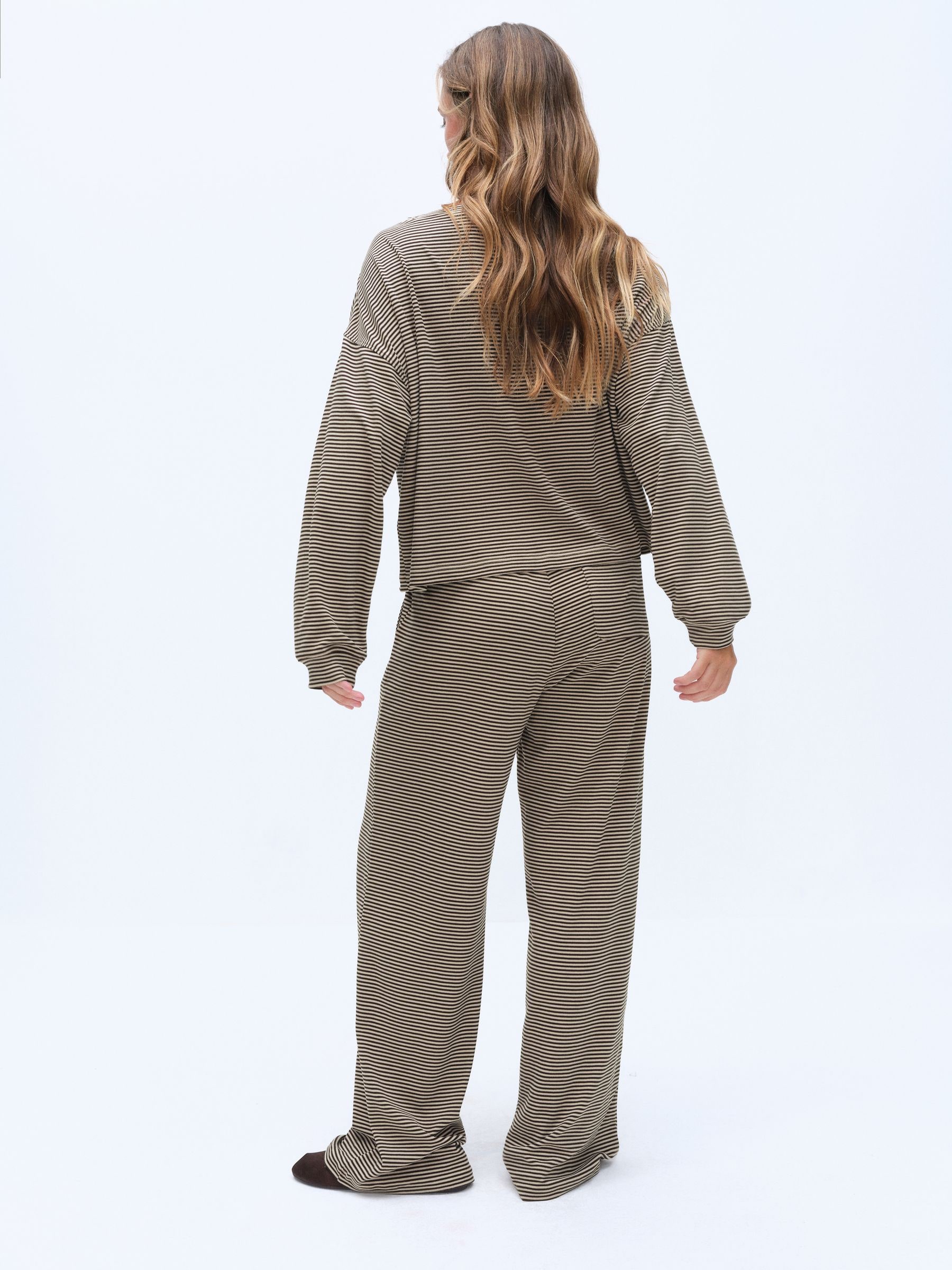 The Set Super Soft Slouchy Crew Neck and Straight Leg Lounge Co-Ord Set - Brown/Cream Stripe - Regular - SIP Worn