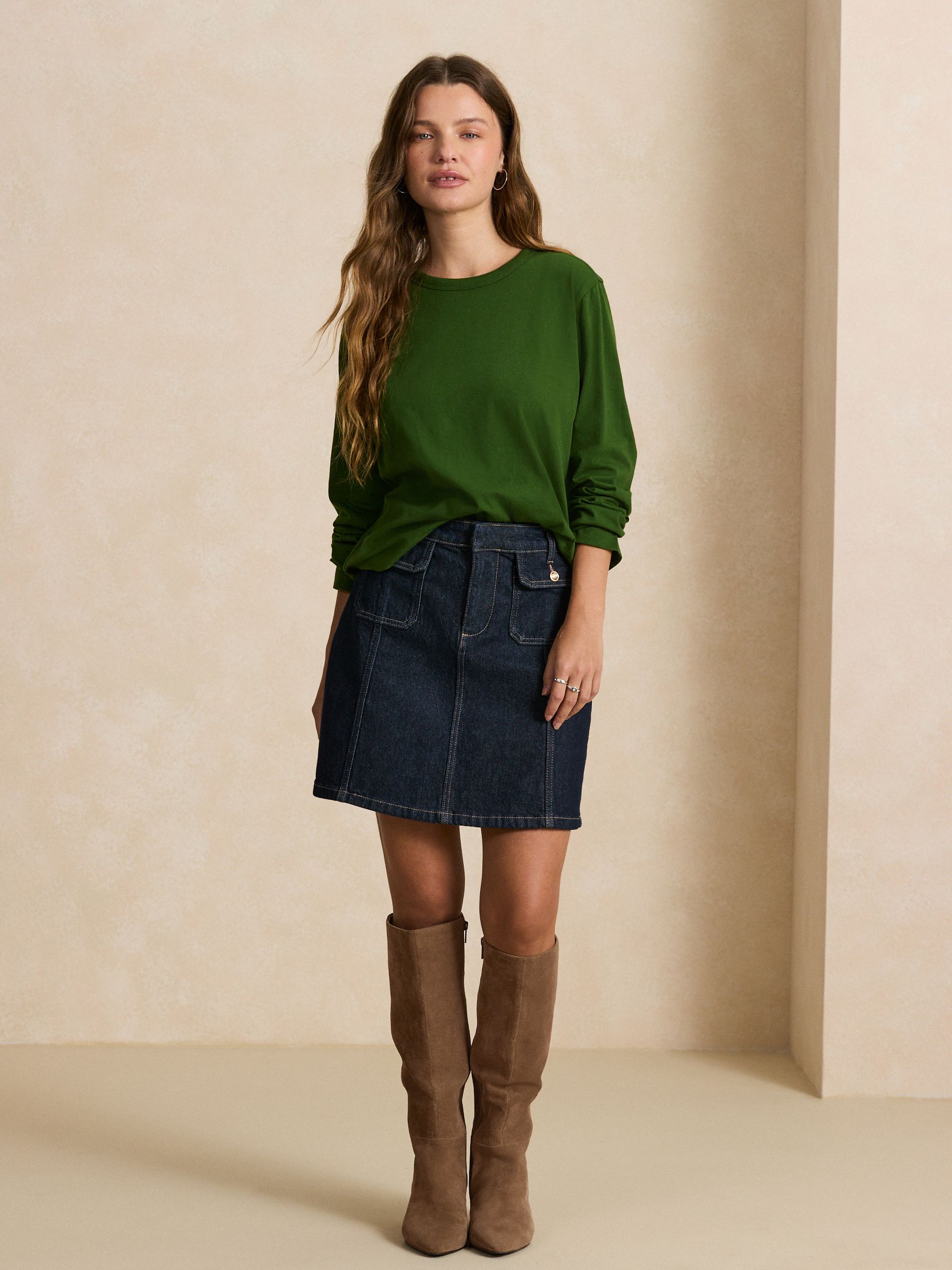 Long Sleeve Crew Neck T-Shirt - Dark Green - Petite - Location Worn