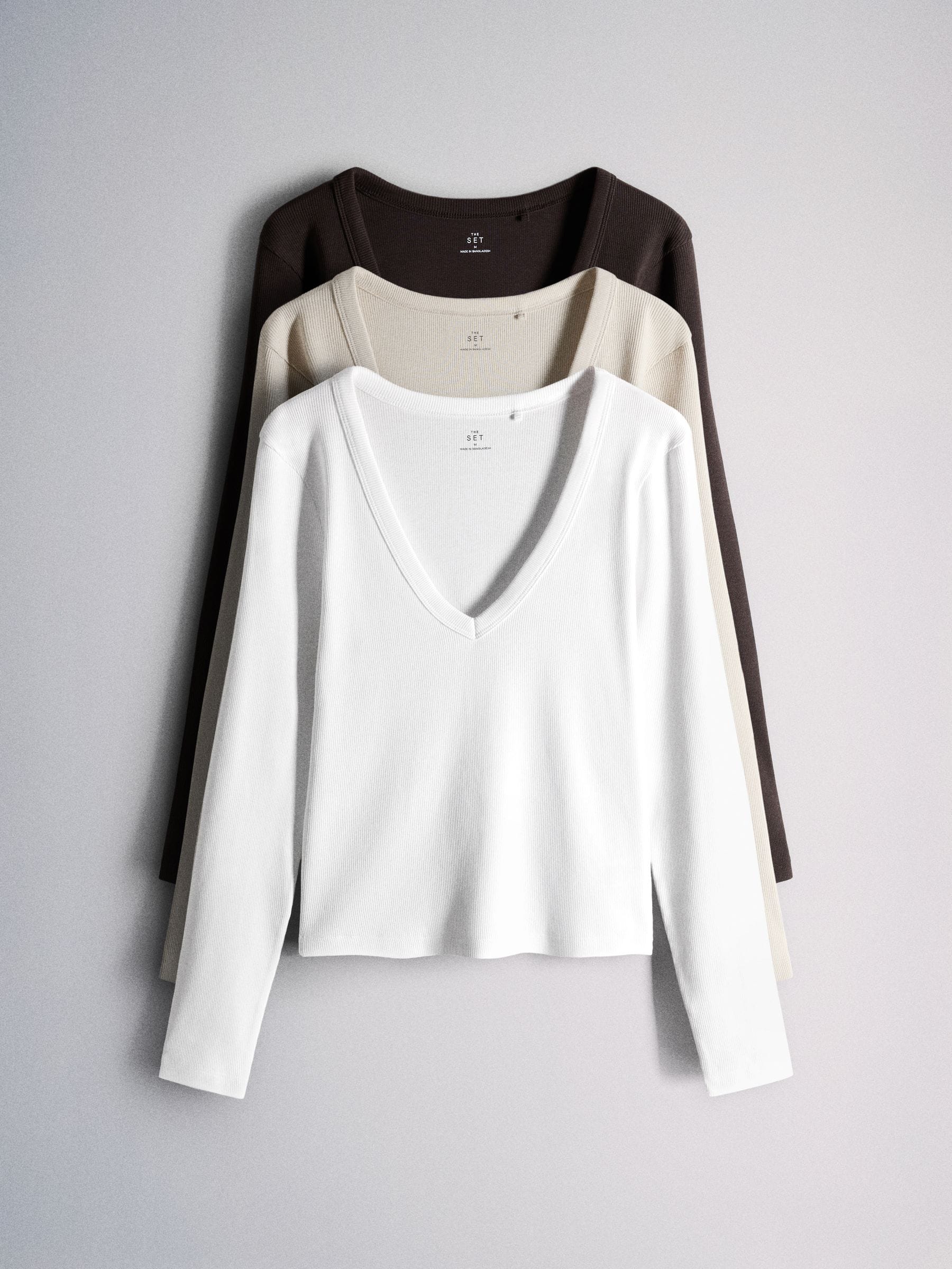 The Set 3 Pack V-Neck Long Sleeve Ribbed T-Shirts - Brown/Neutra/White - Regular - SIP Still Life