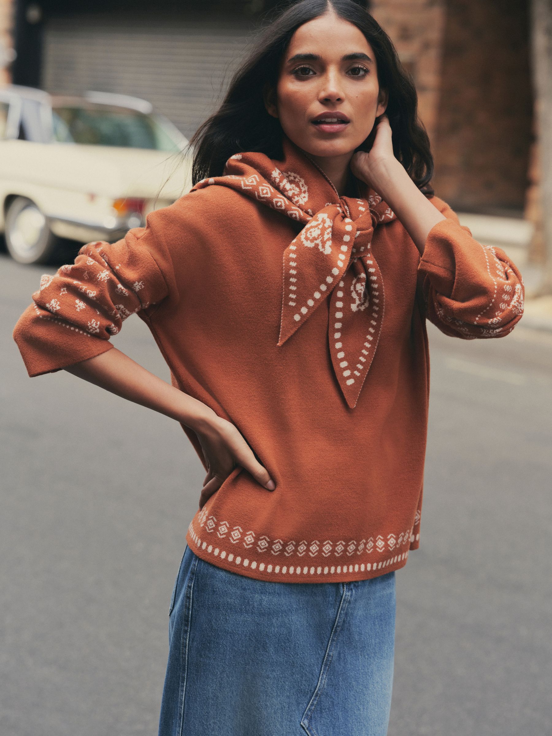 Paisley Scarf Detail Knit Look Jumper - Brown - Regular - Location Worn