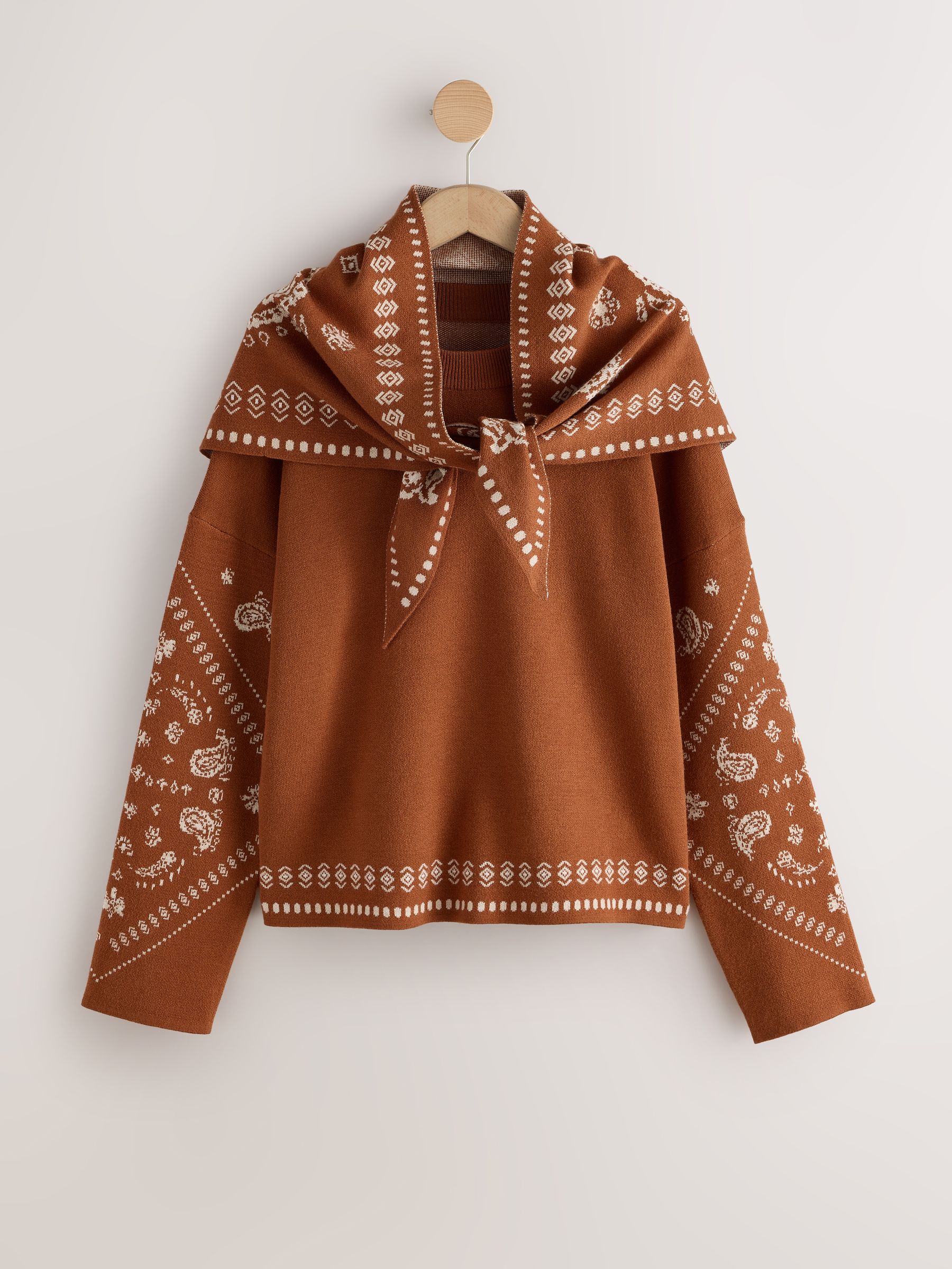 Paisley Scarf Detail Knit Look Jumper - Brown - Regular - SIP Still Life