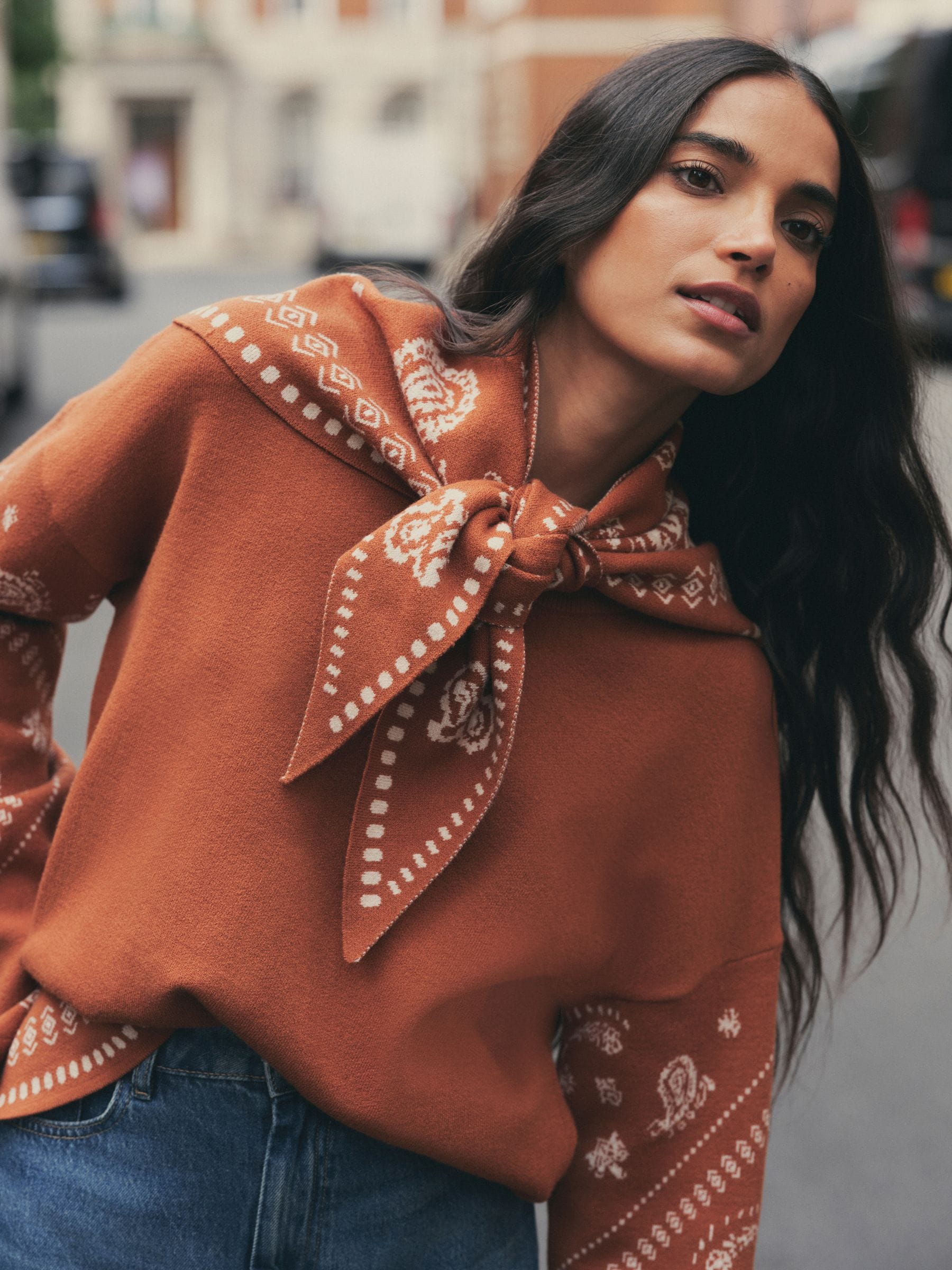 Paisley Scarf Detail Knit Look Jumper - Brown - Regular - Location Worn