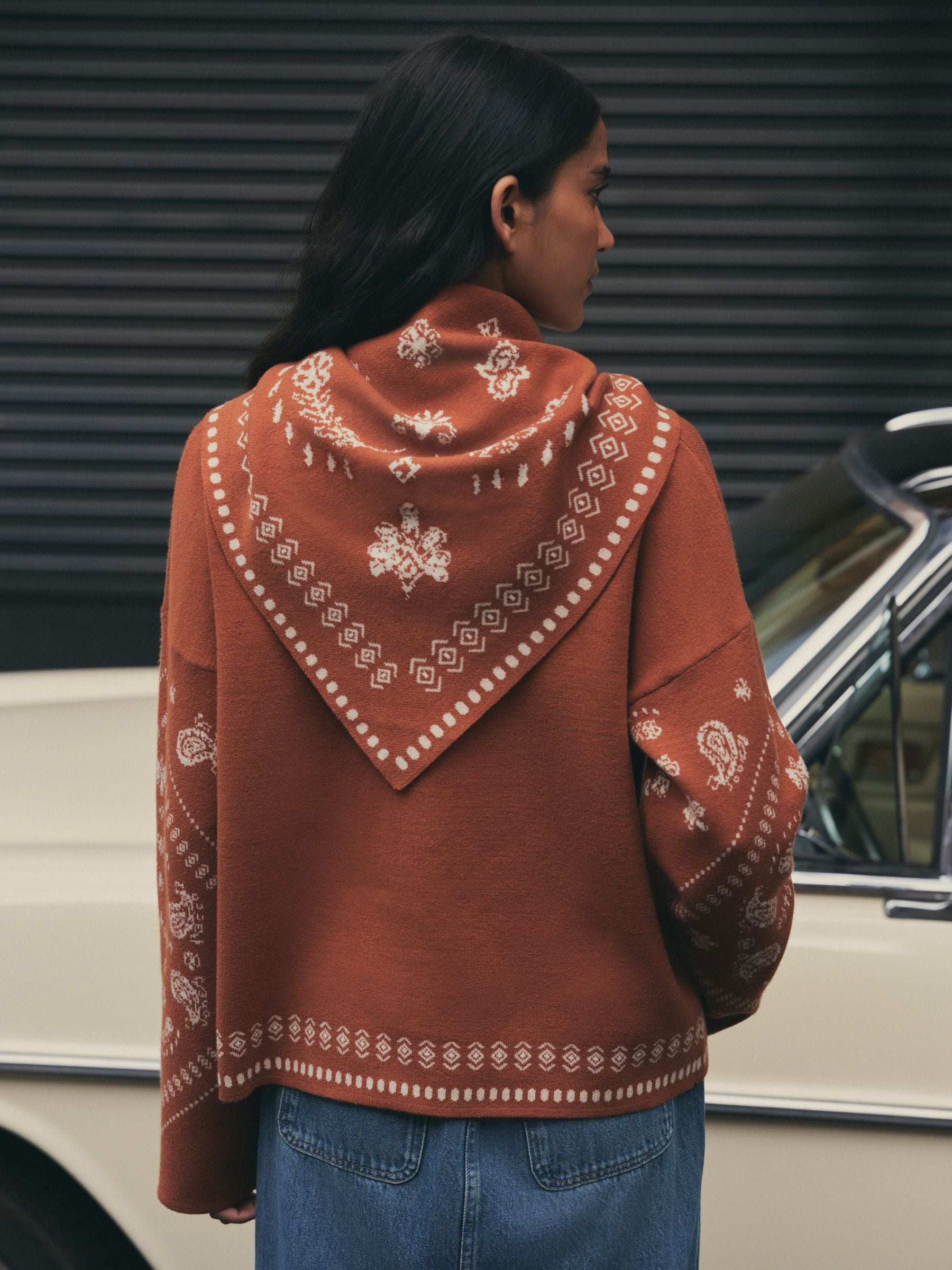 Paisley Scarf Detail Knit Look Jumper - Brown - Regular - Location Worn