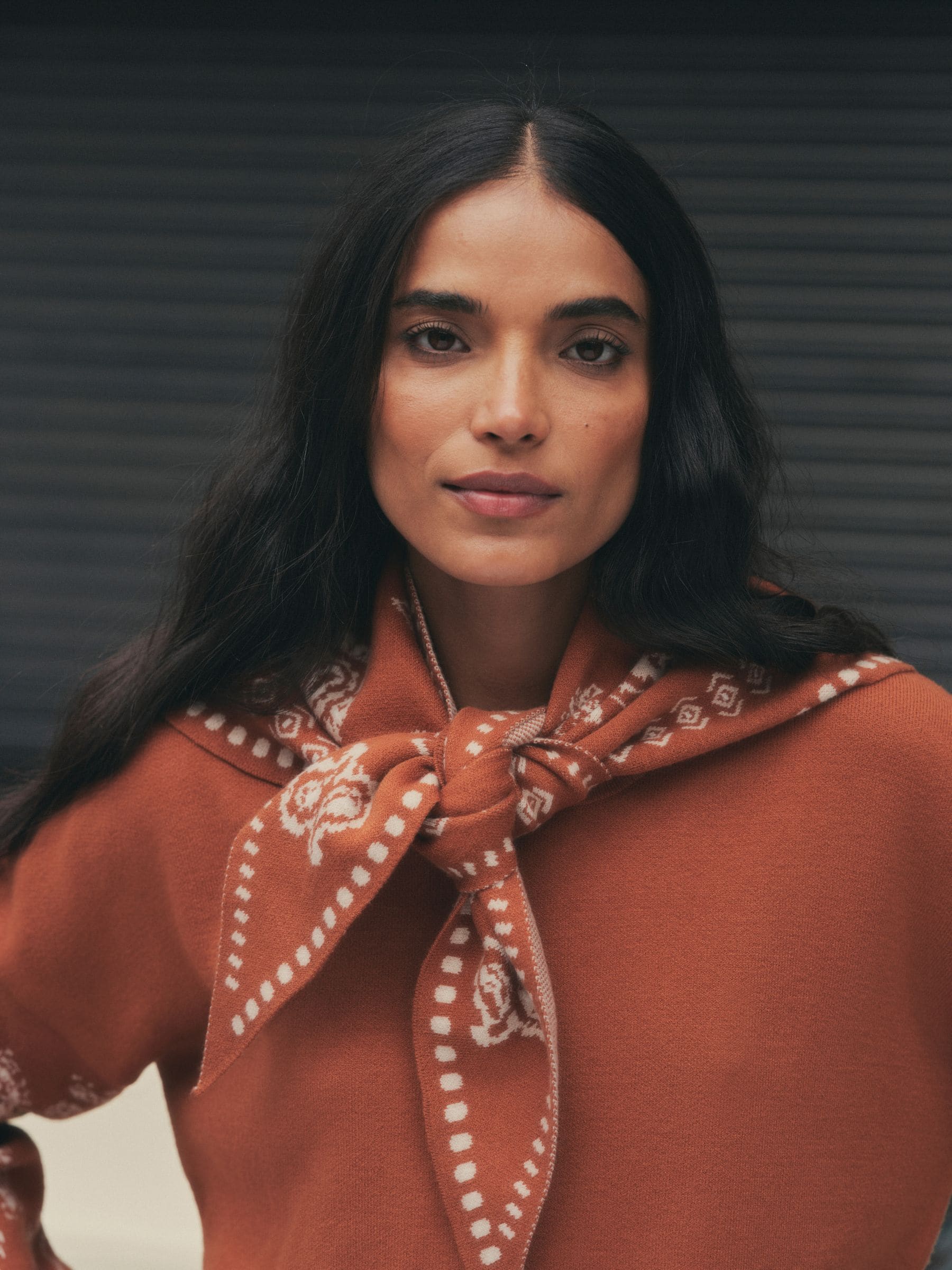 Paisley Scarf Detail Knit Look Jumper - Brown - Regular - Location Worn