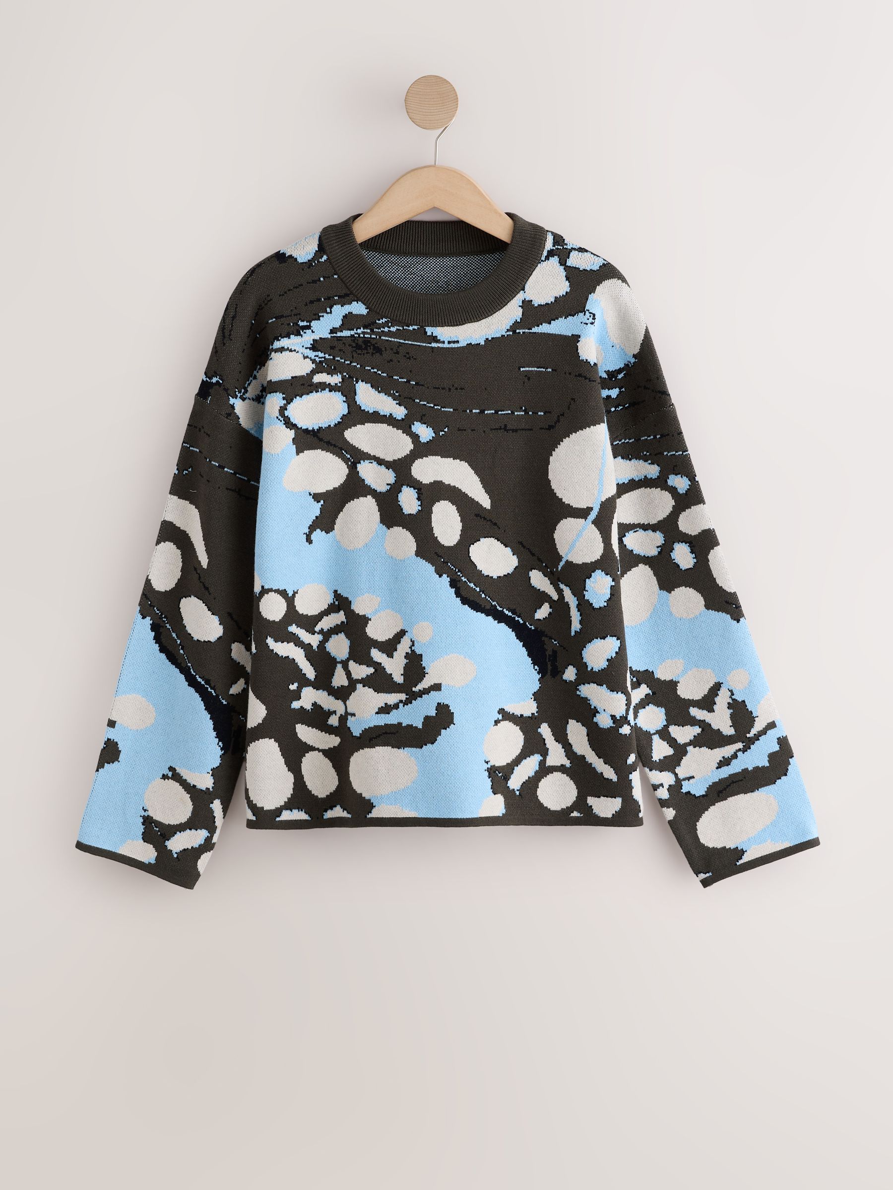 Striped Knit Look Crew Neck Jumper - Green Butterfly Print - Regular - SIP Still Life