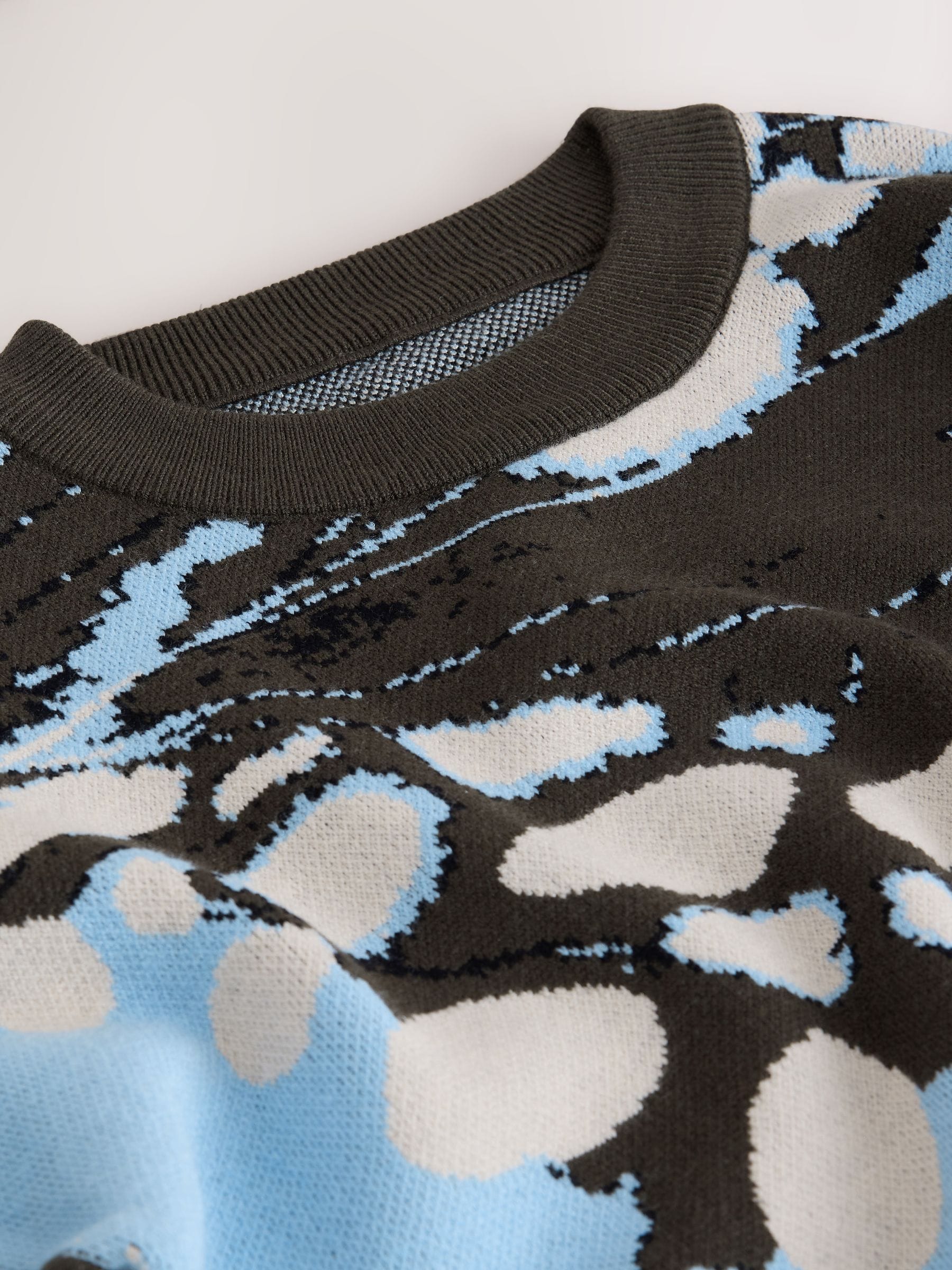Striped Knit Look Crew Neck Jumper - Green Butterfly Print - Regular - SIP Still Life