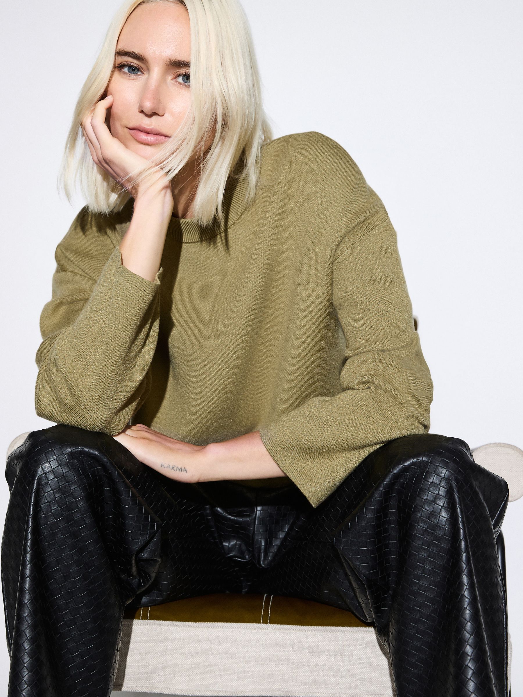 Striped Knit Look Crew Neck Jumper - Olive Green - Regular - Location Worn