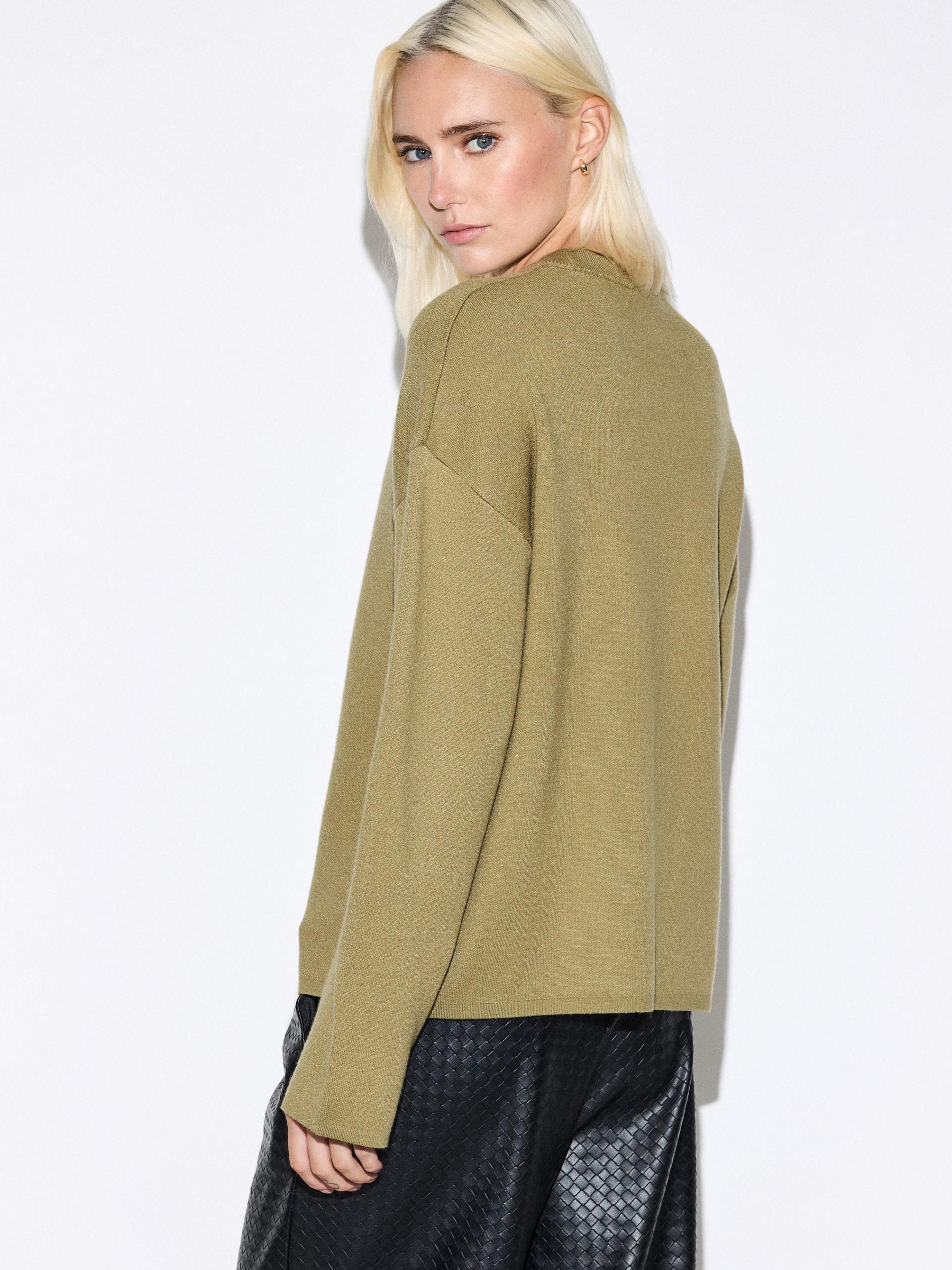 Striped Knit Look Crew Neck Jumper - Olive Green - Regular - Location Worn