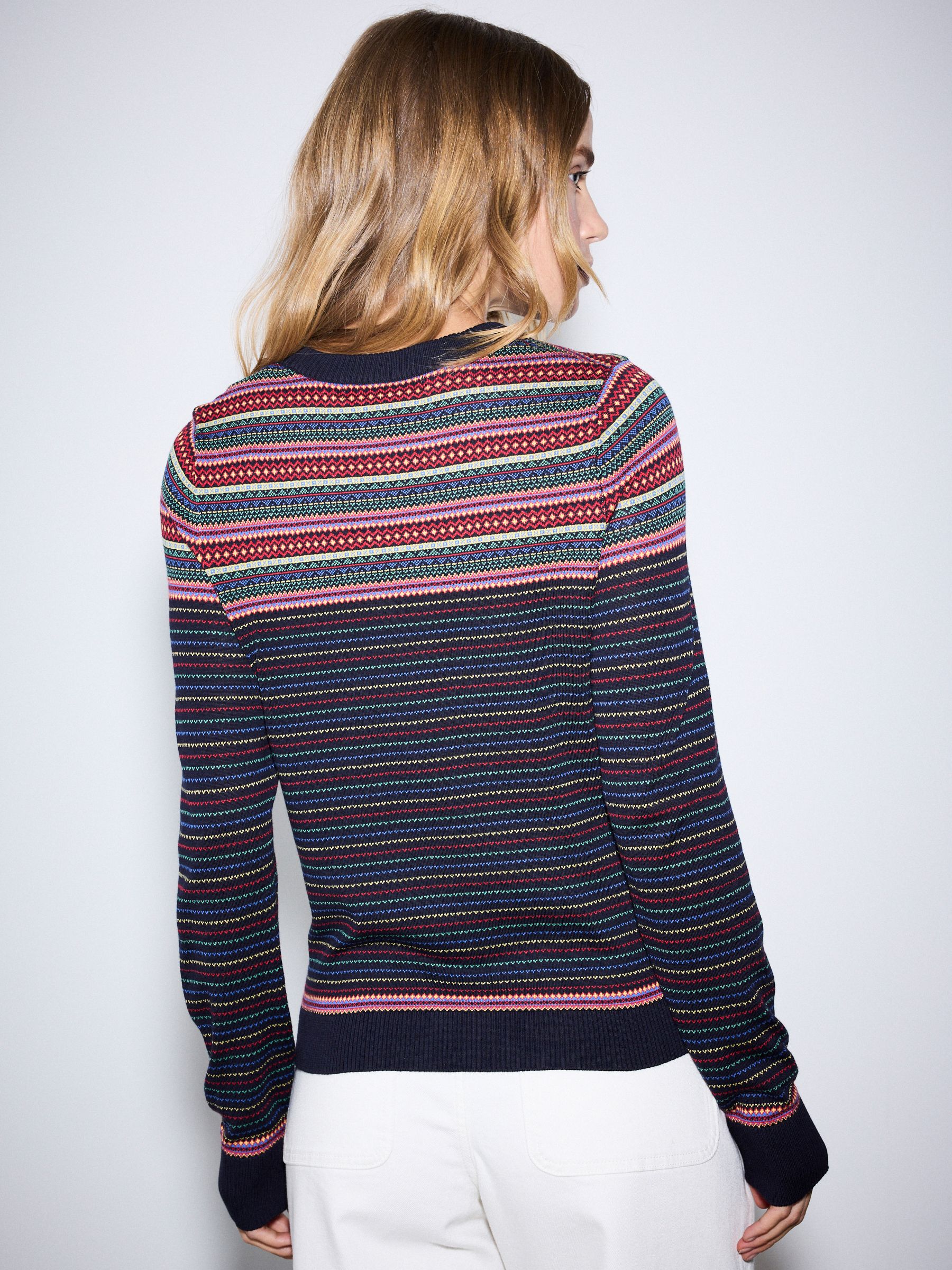 Cotton Rich Soft Touch Long Sleeve Crew Neck Jumper - Rainbow Fairisle - Regular - Location Worn