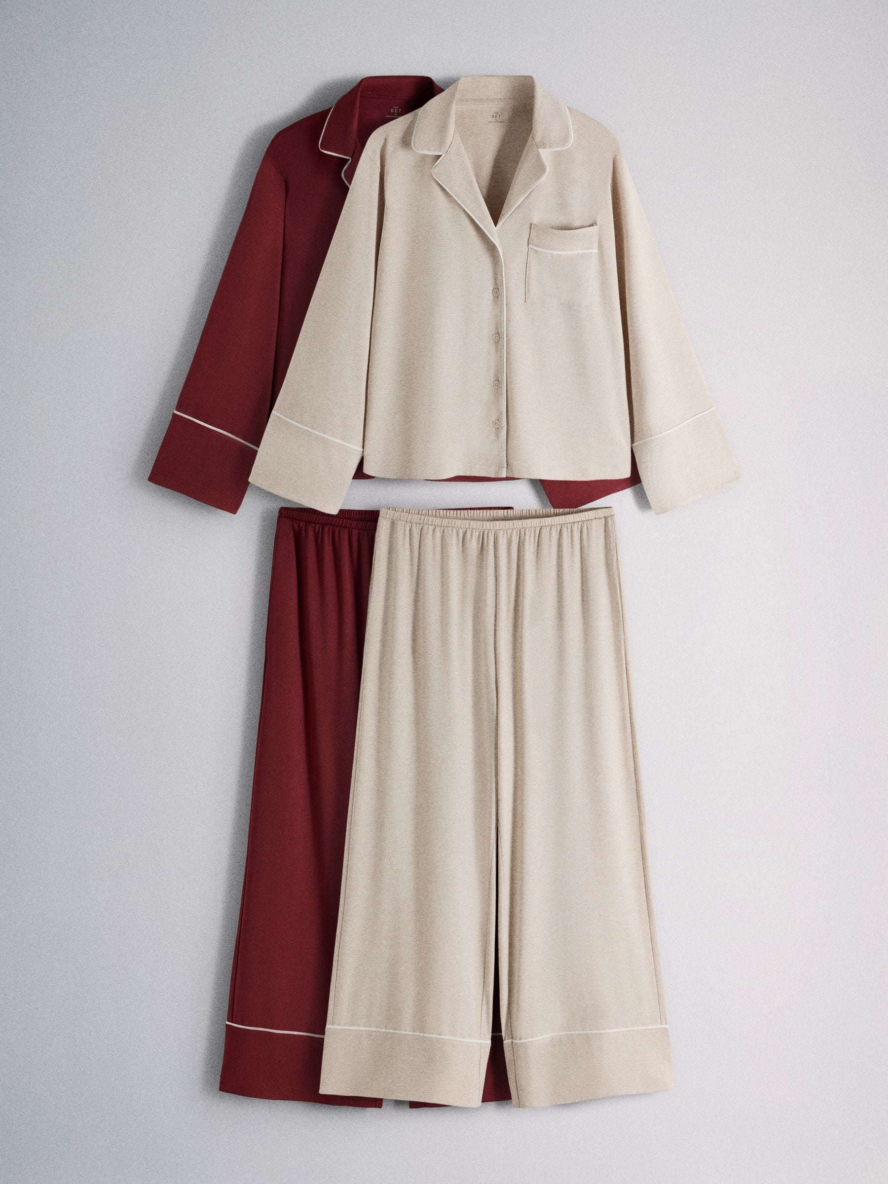 The Set 2 Pack Viscose Blend Button Through Long Pyjamas - Red/Oat Marl - Regular - SIP Still Life