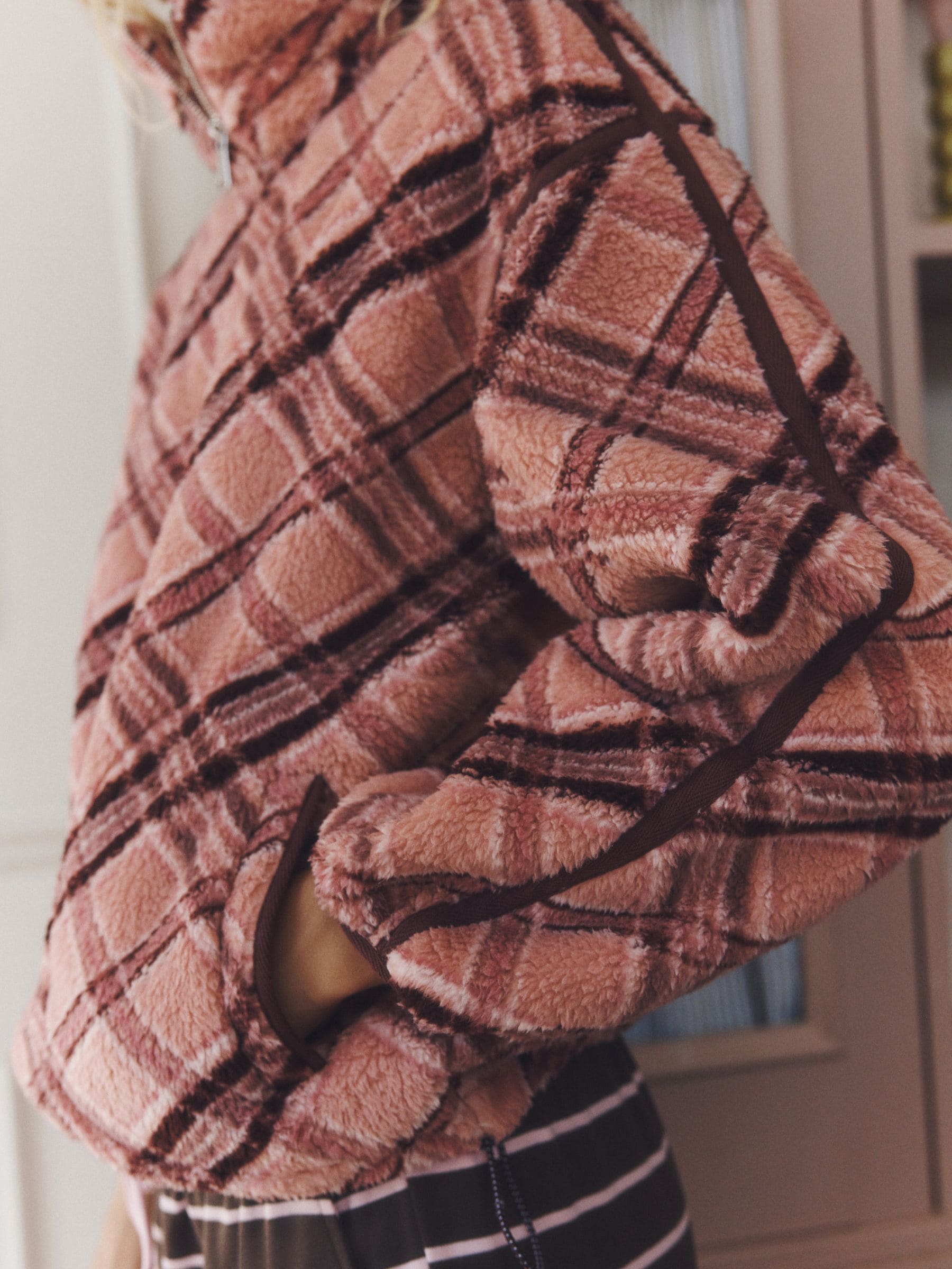 Half Zip Borg Fleece - Pink Check - Regular - Location Worn