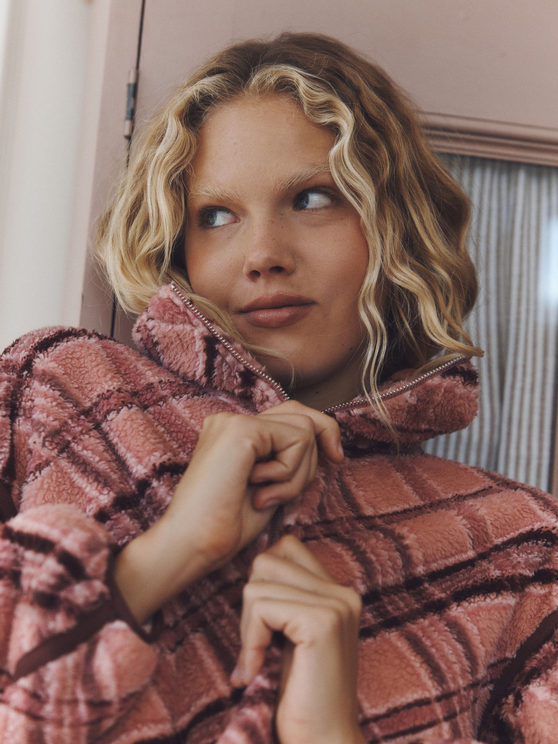 Half Zip Borg Fleece - Pink Check - Regular - Location Worn