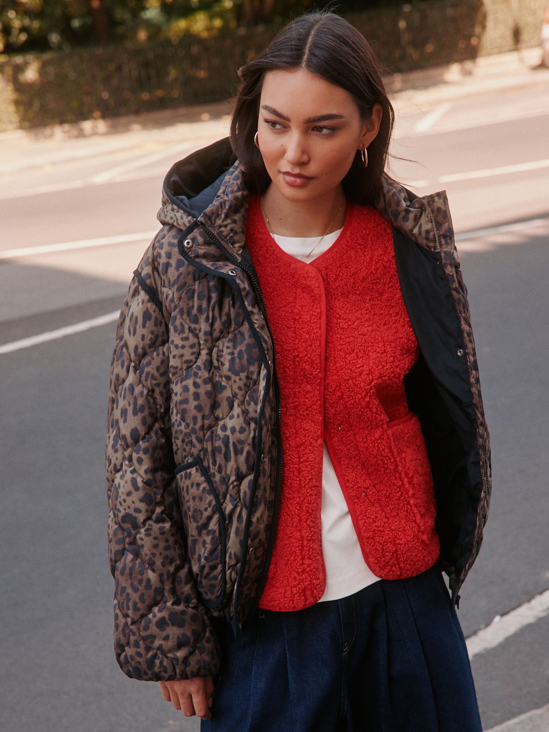 Shower Resistant Lightweight Quilted Jacket - Brown Leopard Animal Print - Regular - Location Worn