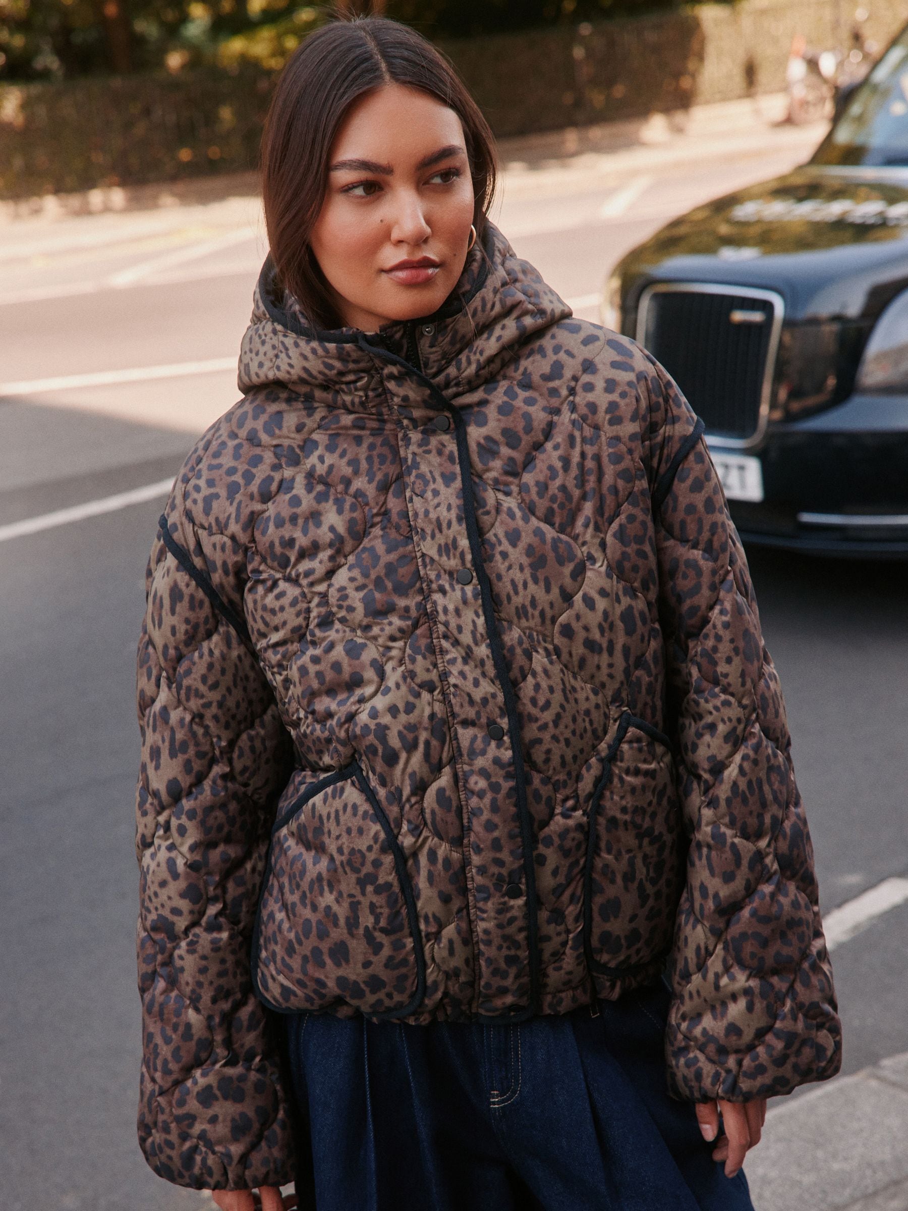 Shower Resistant Lightweight Quilted Jacket - Brown Leopard Animal Print - Regular - Location Worn