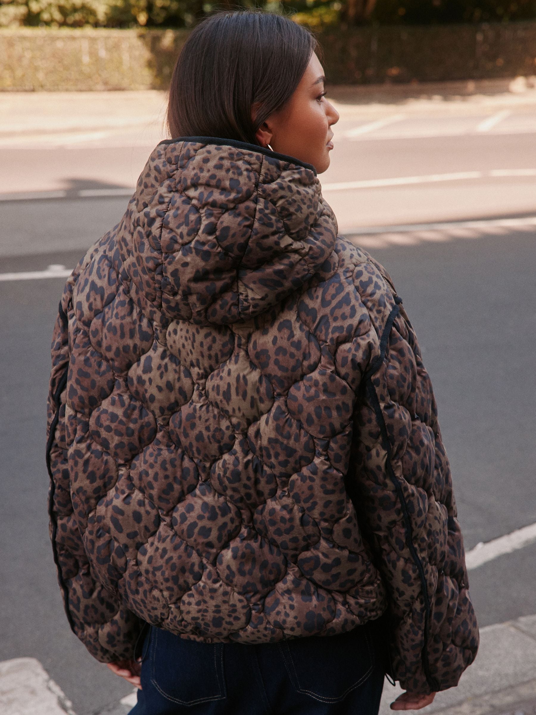Shower Resistant Lightweight Quilted Jacket - Brown Leopard Animal Print - Regular - Location Worn