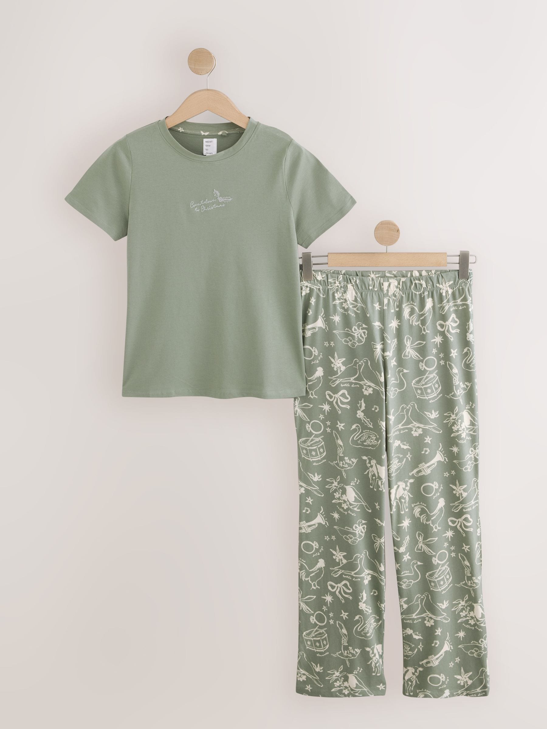 Short Sleeve Pyjamas - Sage Green 12 Days of Christmas - Regular - SIP Still Life