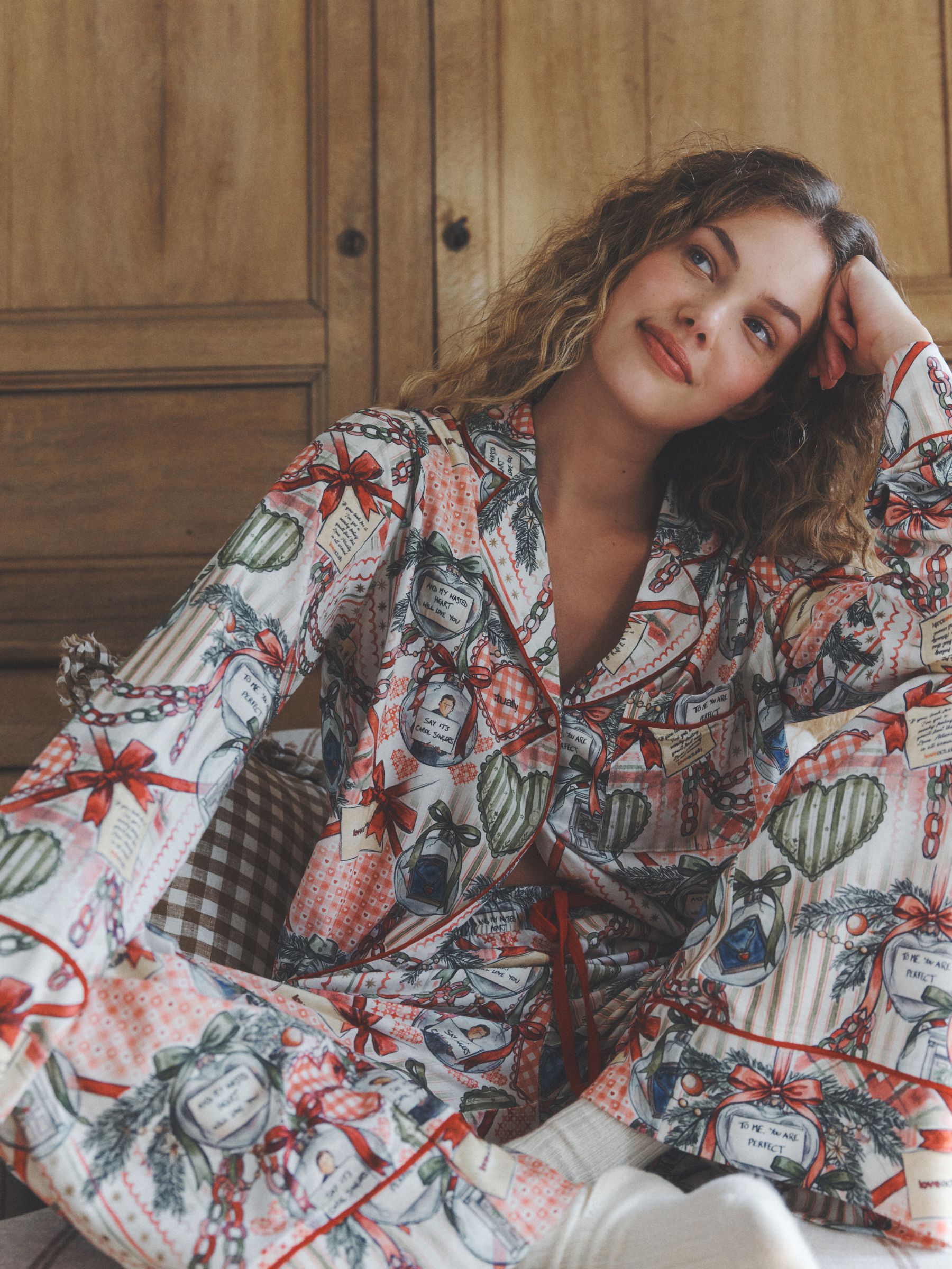 Long Sleeve Button Through Pyjama Set - Multi Berry Love Actually Print - Regular - Location Worn