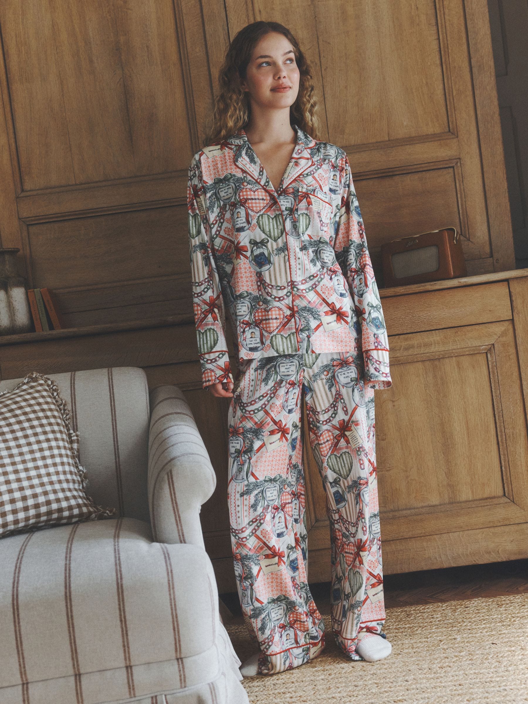 Long Sleeve Button Through Pyjama Set - Multi Berry Love Actually Print - Regular - Location Worn
