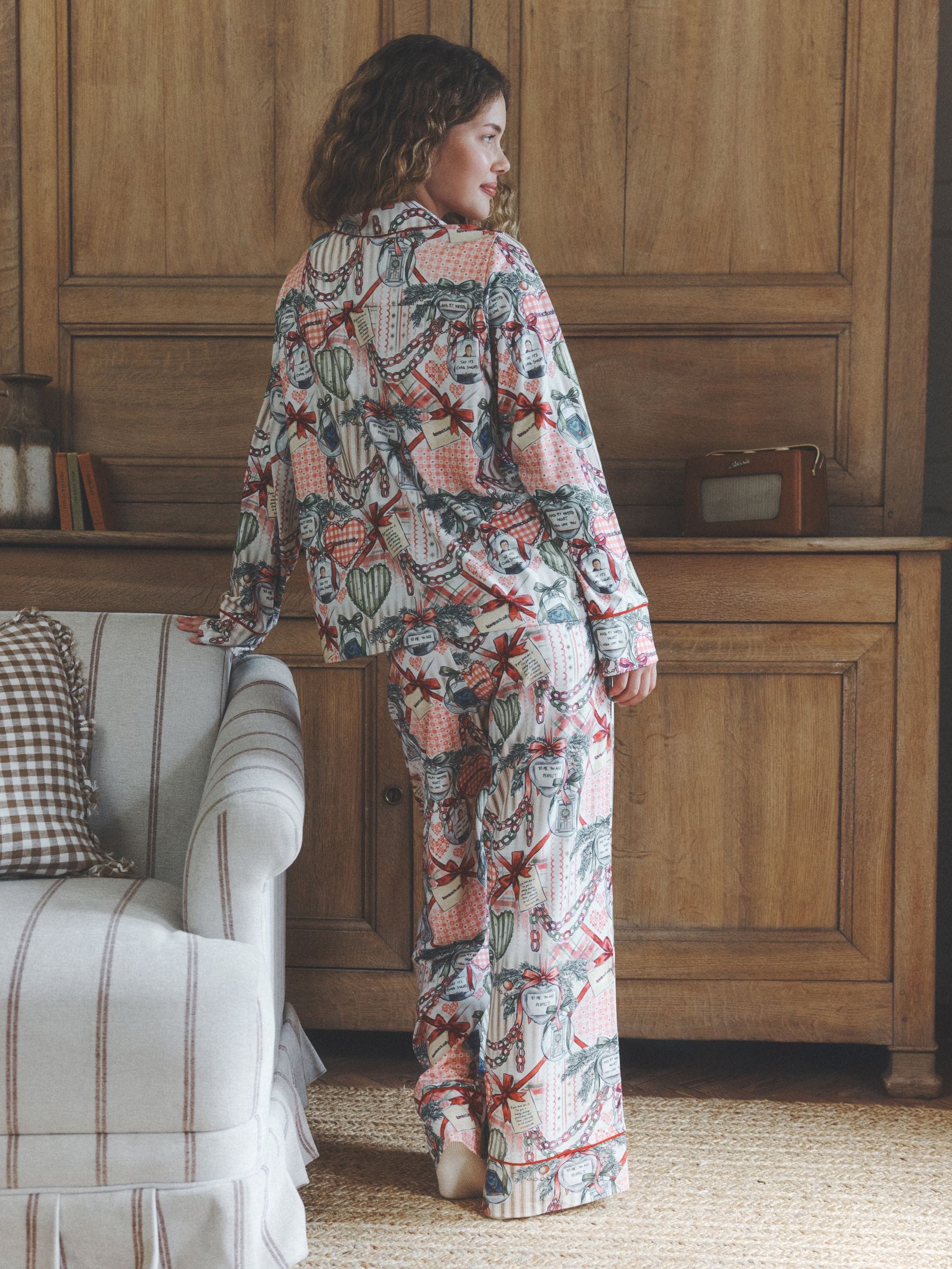 Long Sleeve Button Through Pyjama Set - Multi Berry Love Actually Print - Regular - Location Worn