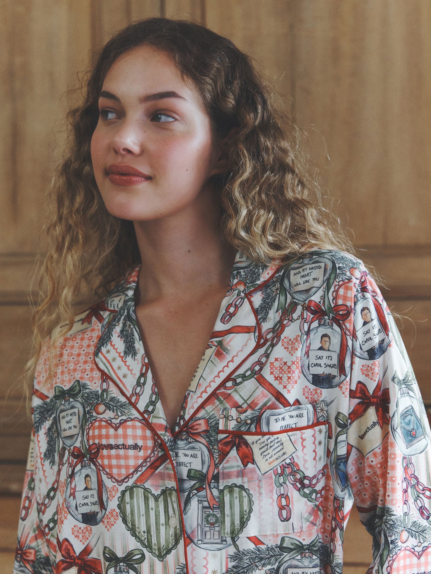 Long Sleeve Button Through Pyjama Set - Multi Berry Love Actually Print - Regular - Location Worn