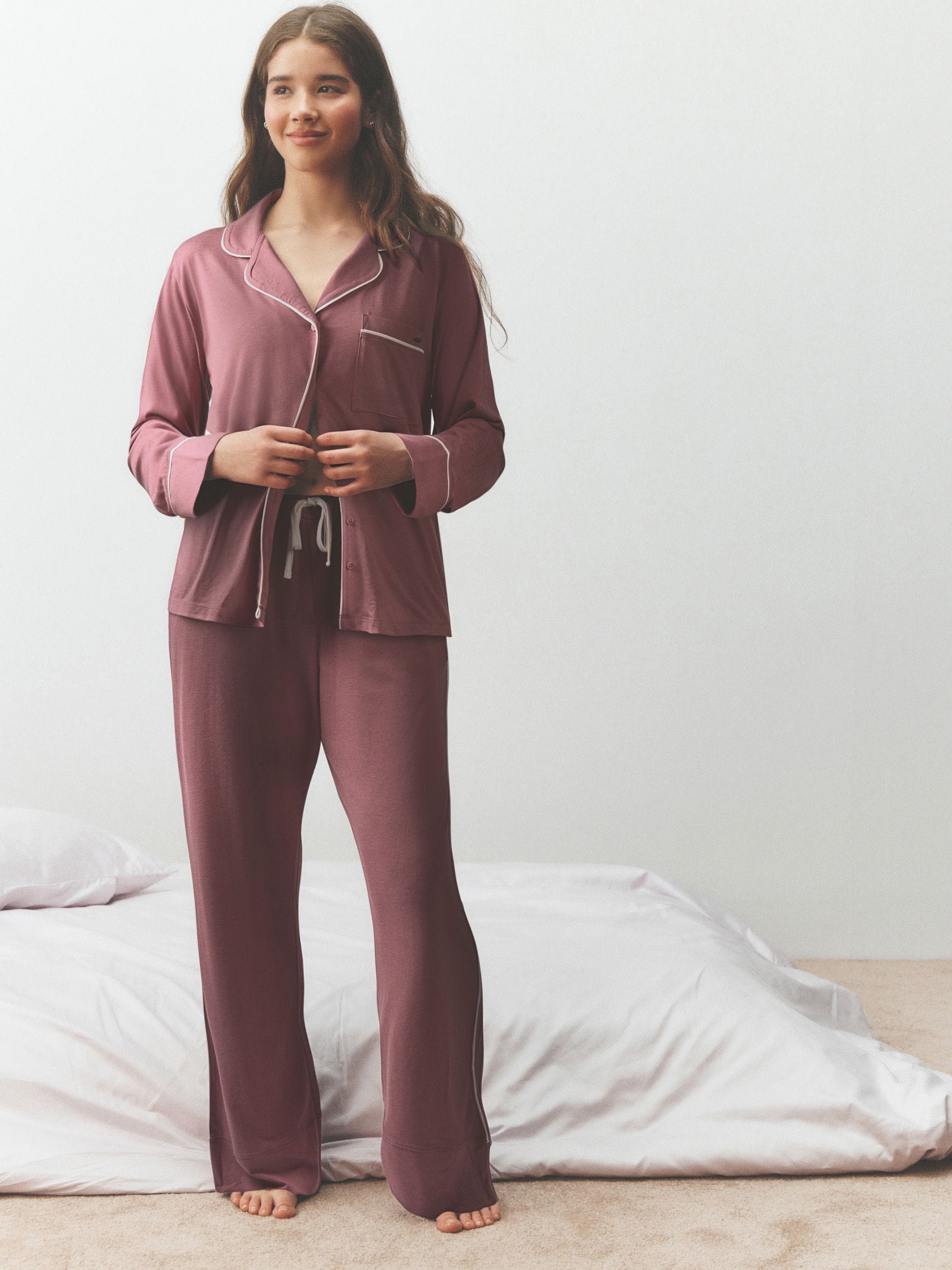 Jersey Button Through Pyjamas - Rose Pink - Regular - Location Worn