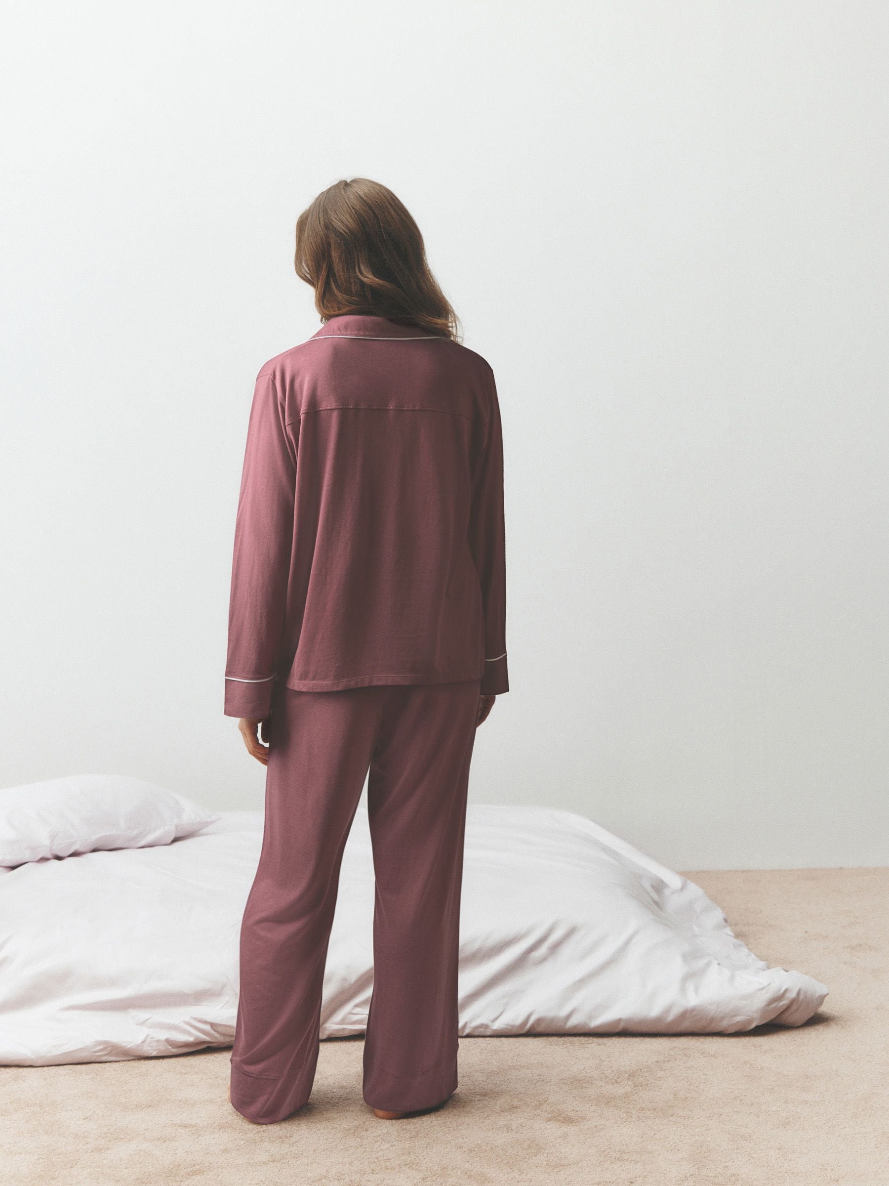 Jersey Button Through Pyjamas - Rose Pink - Regular - Location Worn