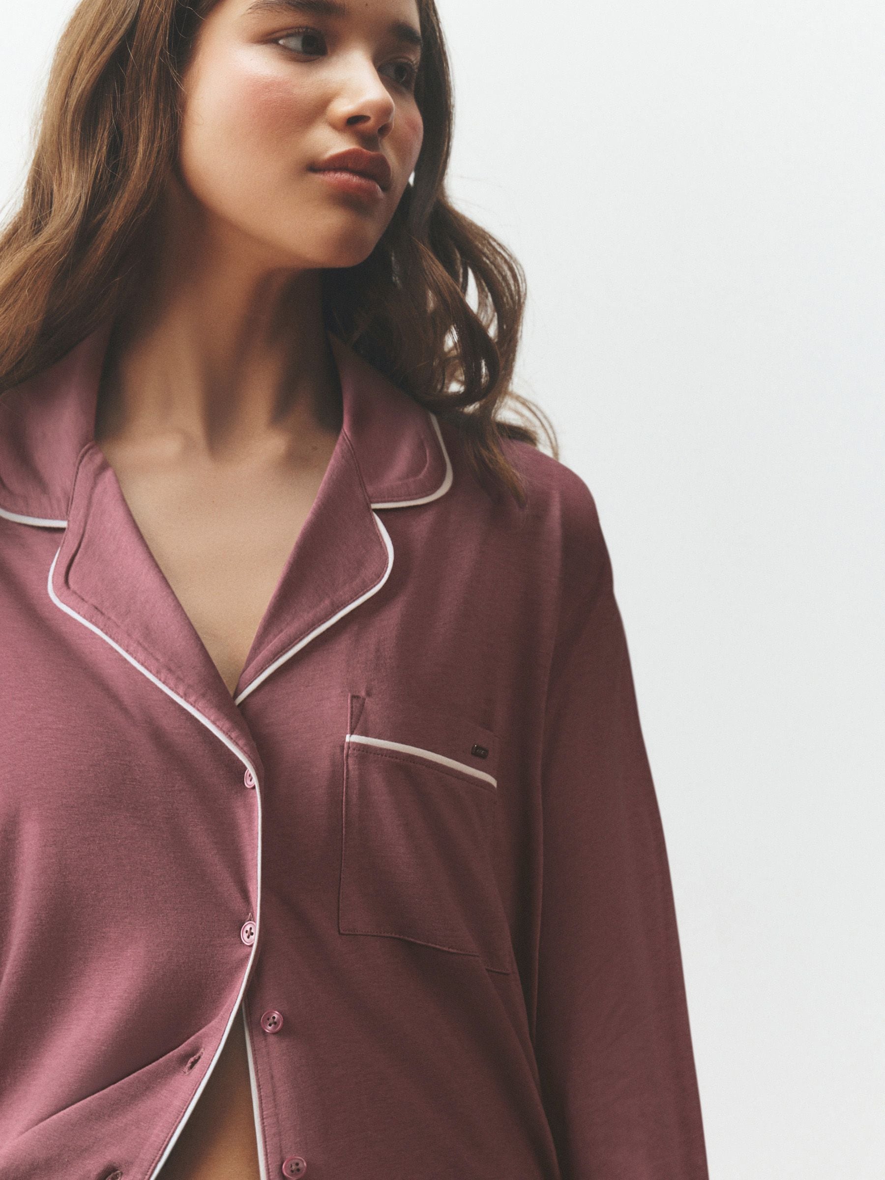 Jersey Button Through Pyjamas - Rose Pink - Regular - Location Worn