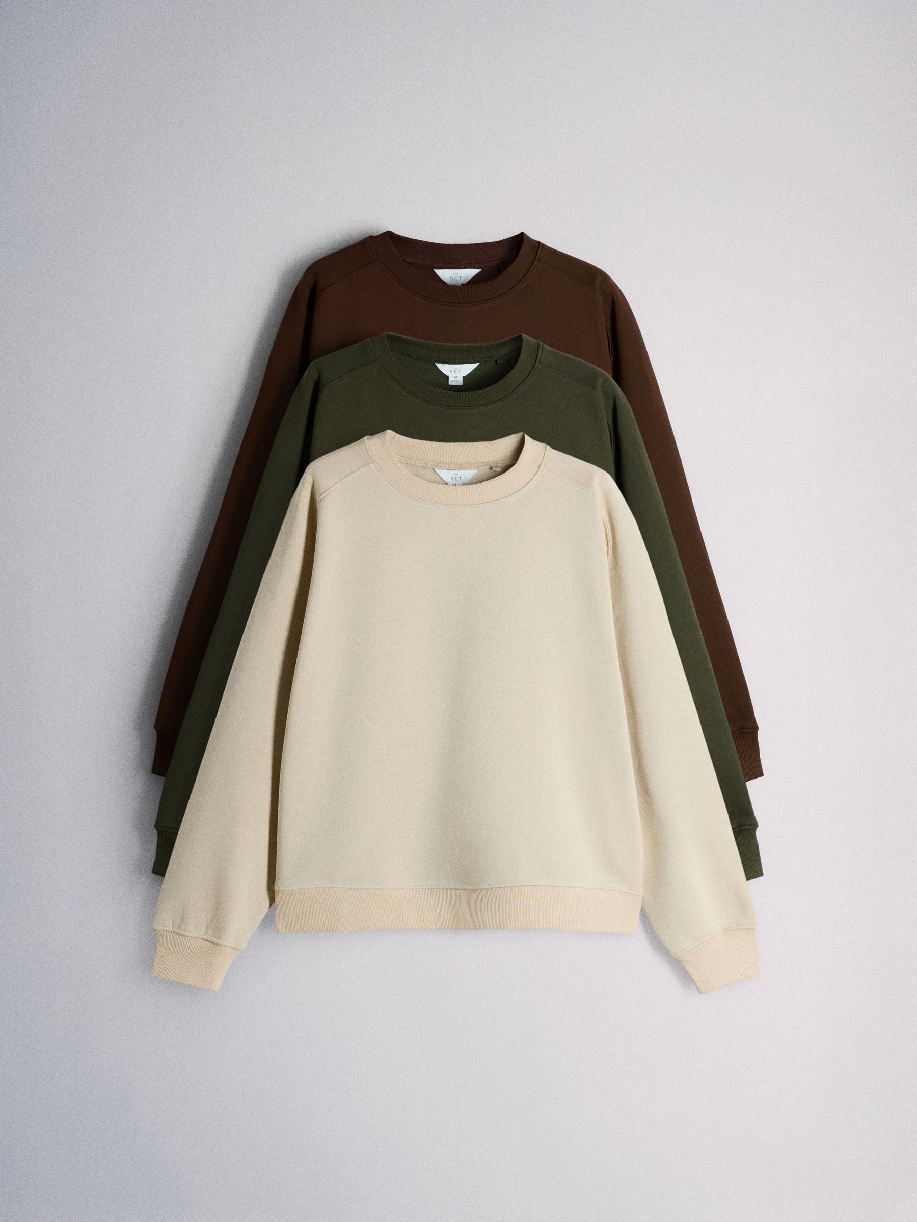 The Set 3 Pack Saddle Sleeve Crew Neck Sweatshirts - Dark Green/Brown/Taupe - Regular - SIP Still Life