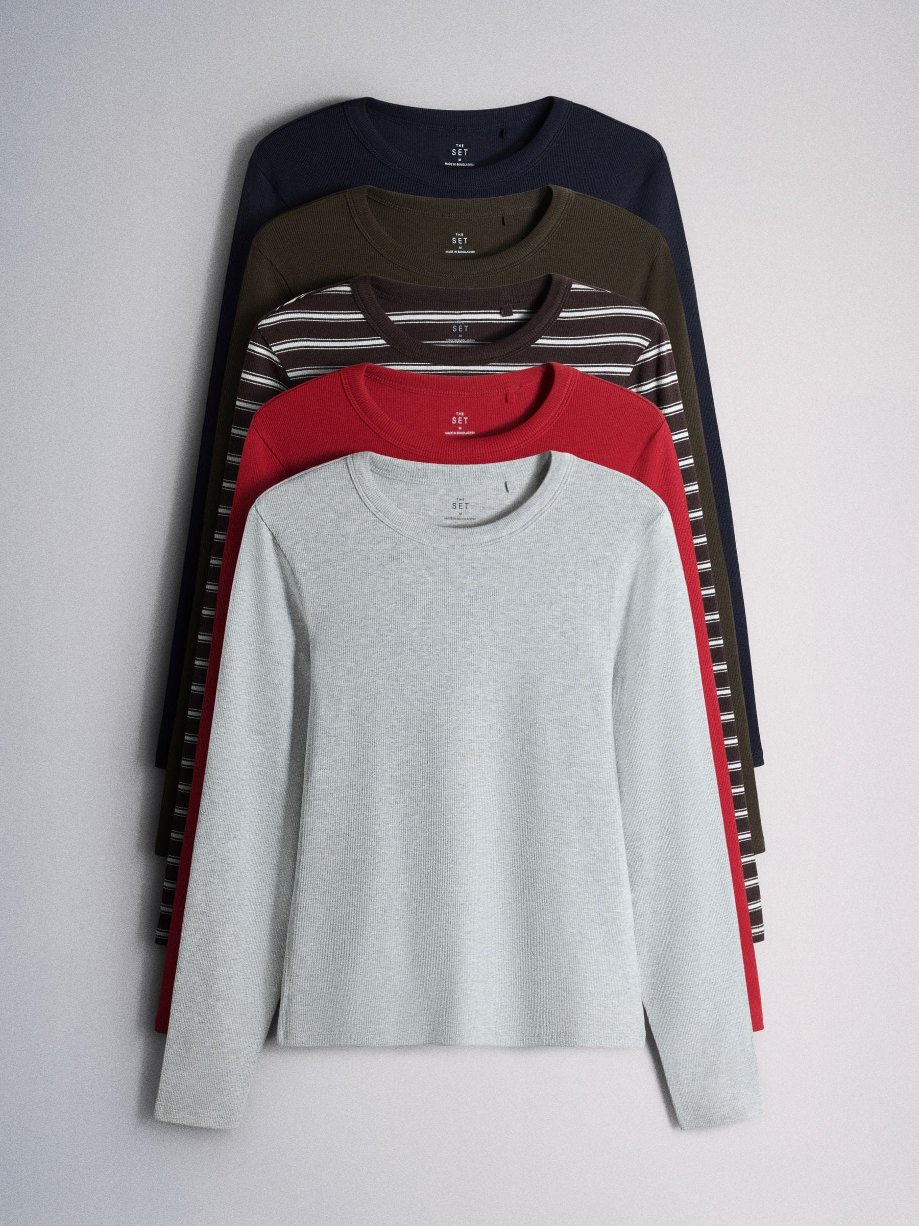 The Set 5 Pack Ribbed Long Sleeve T-Shirts - Khaki/Navy/Stripe/Red/Grey - Regular - SIP Still Life