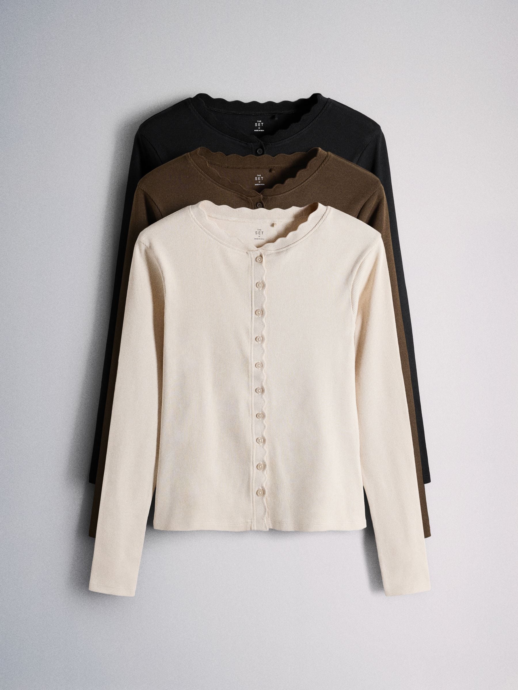 The Set 3 Pack Scallop Button Through Long Sleeve Tops - Black/Brown/Tan - Regular - SIP Still Life
